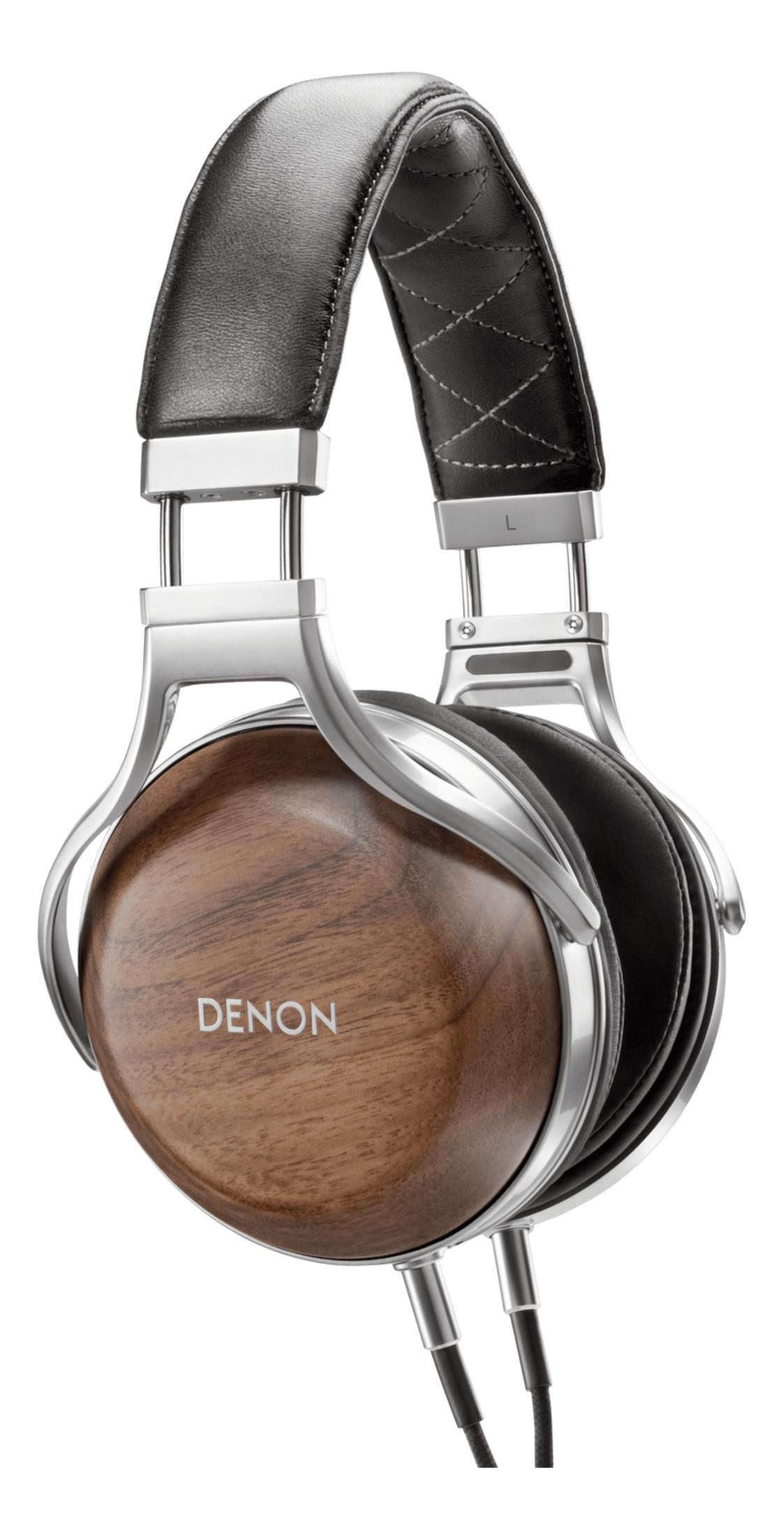 Brązowe drewniane słuchawki ze srebrnymi akcentami i czarnym pałąkiem.