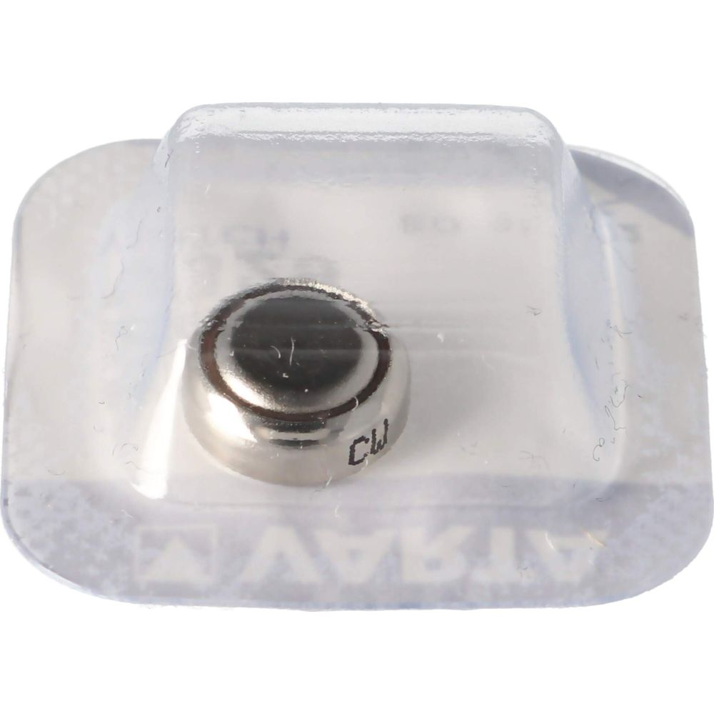 Pojedyncza bateria pastylkowa w przezroczystym opakowaniu blistrowym.