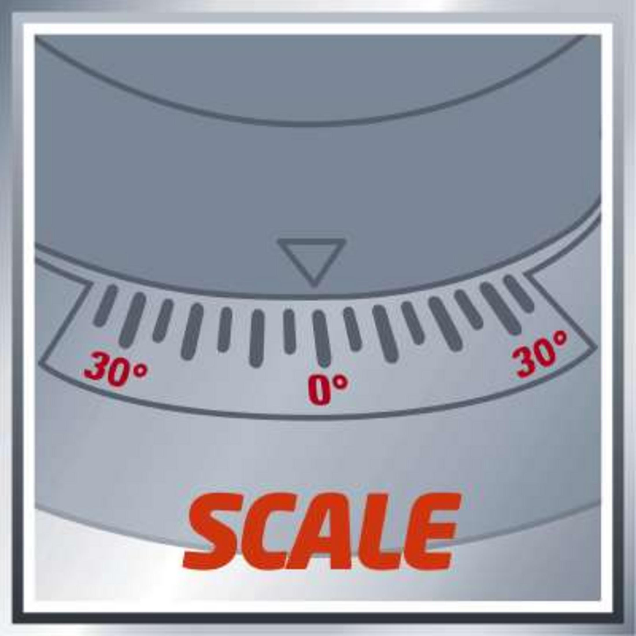 Eine Skala mit Markierungen bei 0 und 30 Grad. Das Wort SCALE ist orange.