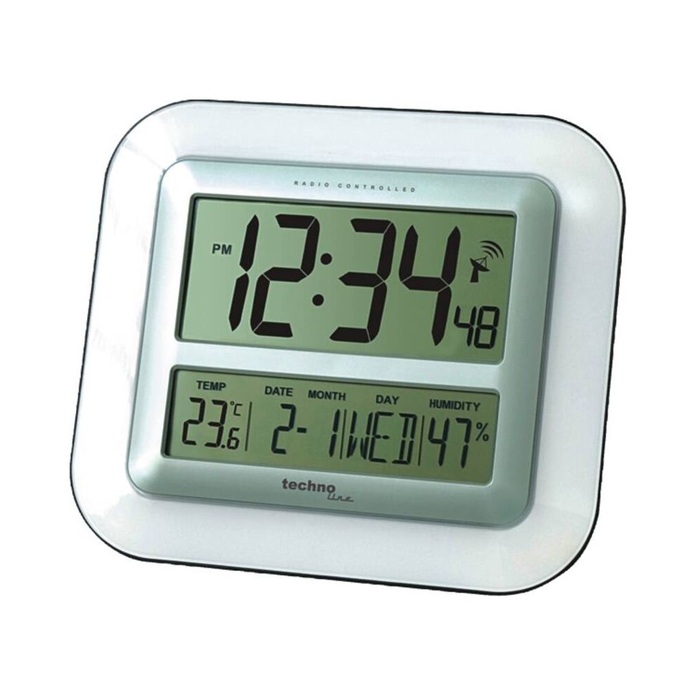 Zegar sterowany radiowo pokazuje 12:34, temp. 23.8C, data 2, środa, 47% wilgotności.