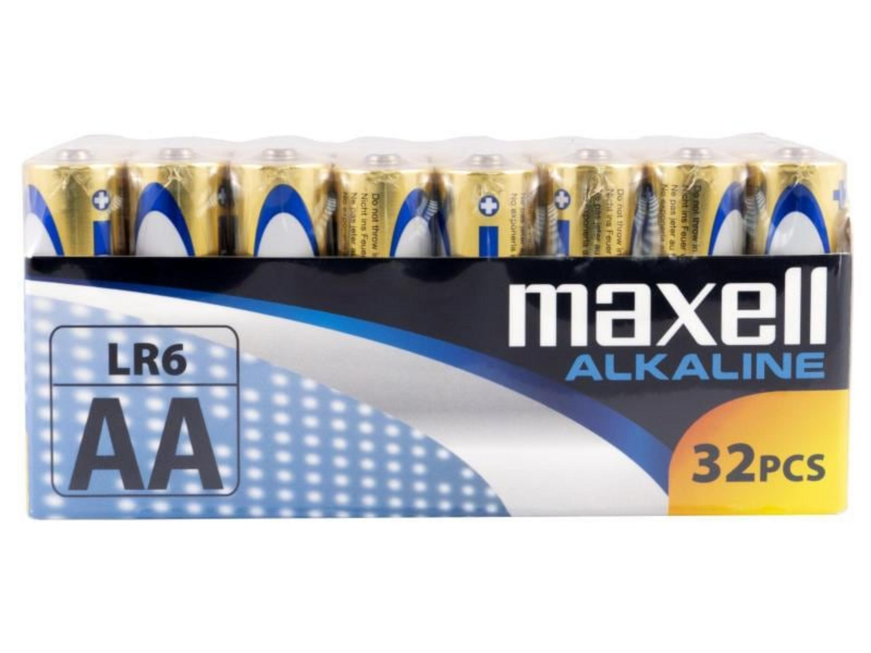 Baterie alkaliczne Maxell AA, 32 sztuki w opakowaniu.