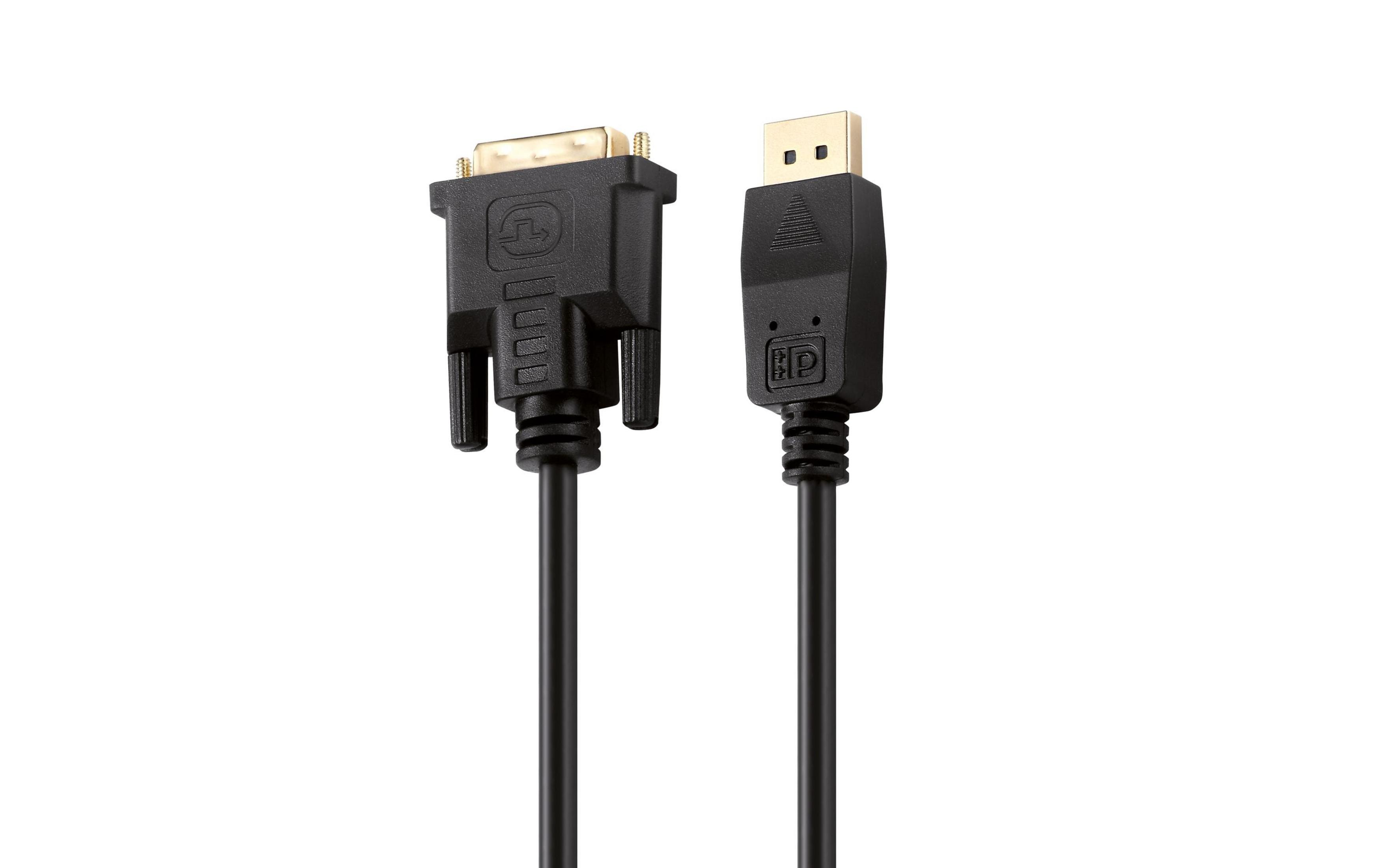 Un câble DVI et un câble DisplayPort côte à côte sur fond blanc.