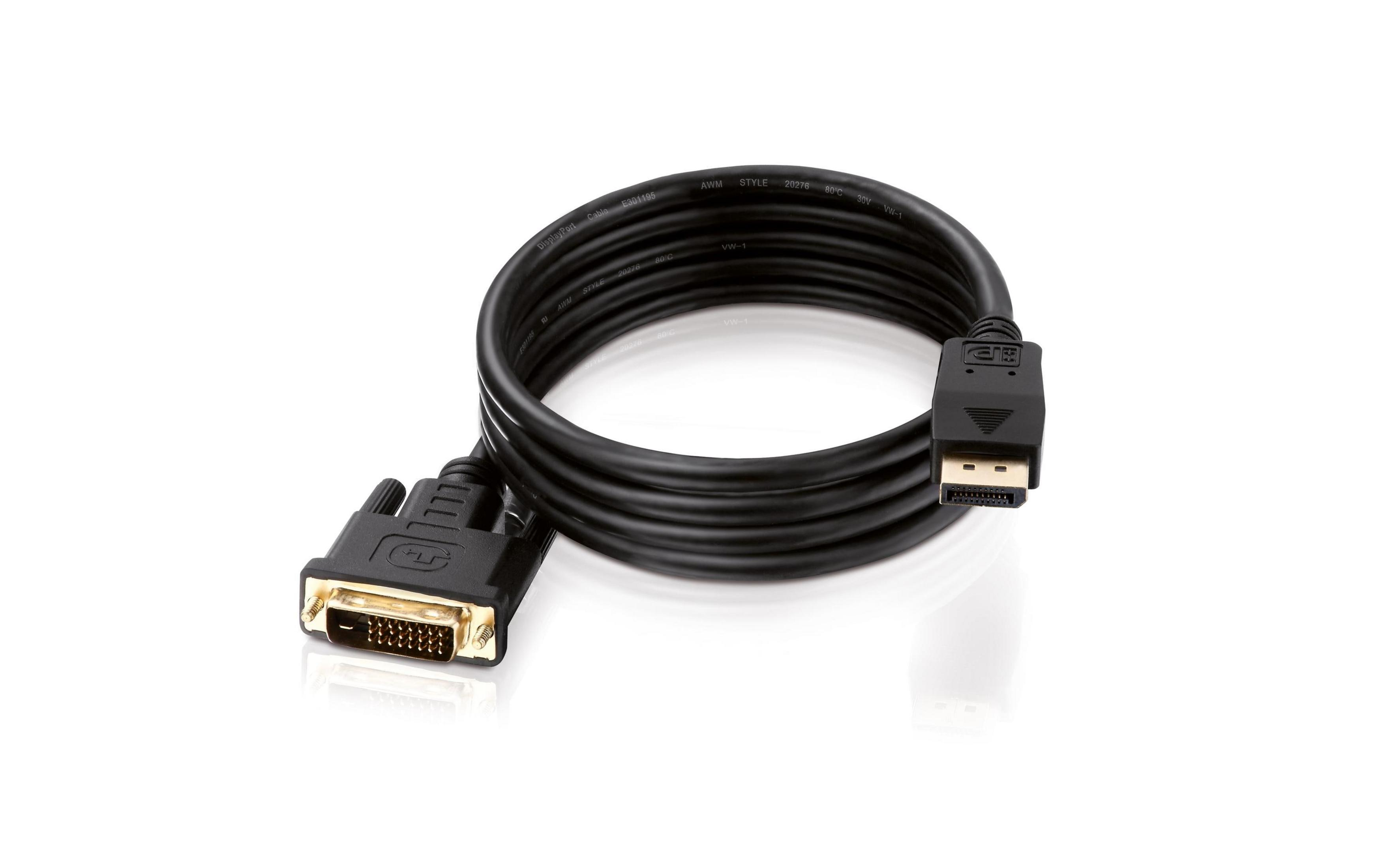 Câble noir DisplayPort vers DVI avec connecteurs plaqués or, sur fond blanc.