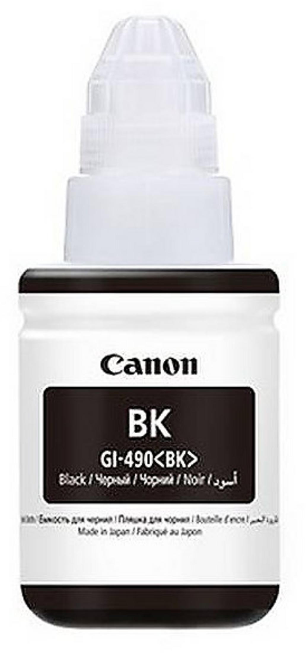 Witte fles Canon GI-490 zwarte inkt met witte dop.