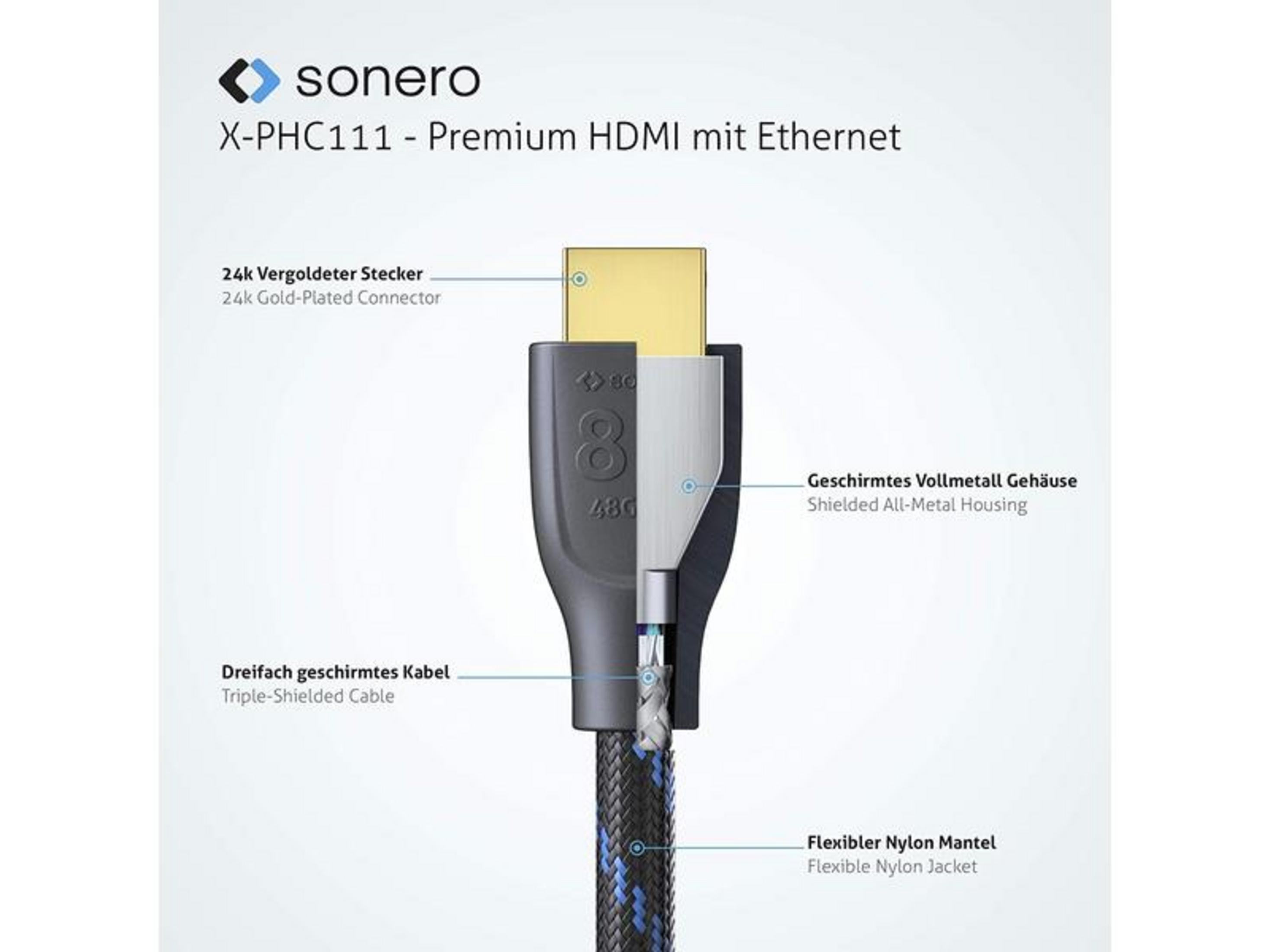 Sonero HDMI Kabel: 24k vergoldeter Stecker, Vollmetallgehäuse, dreifach geschirmt.
