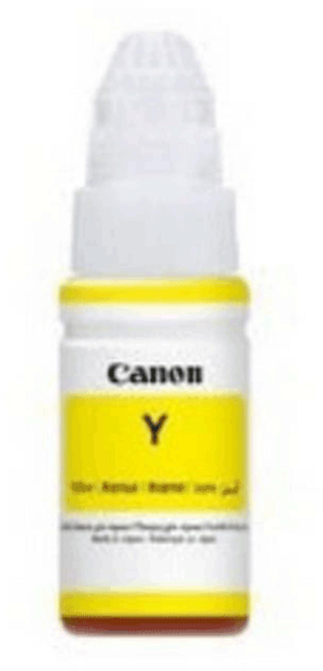 Een gele Canon inktfles met witte dop en geel etiket.