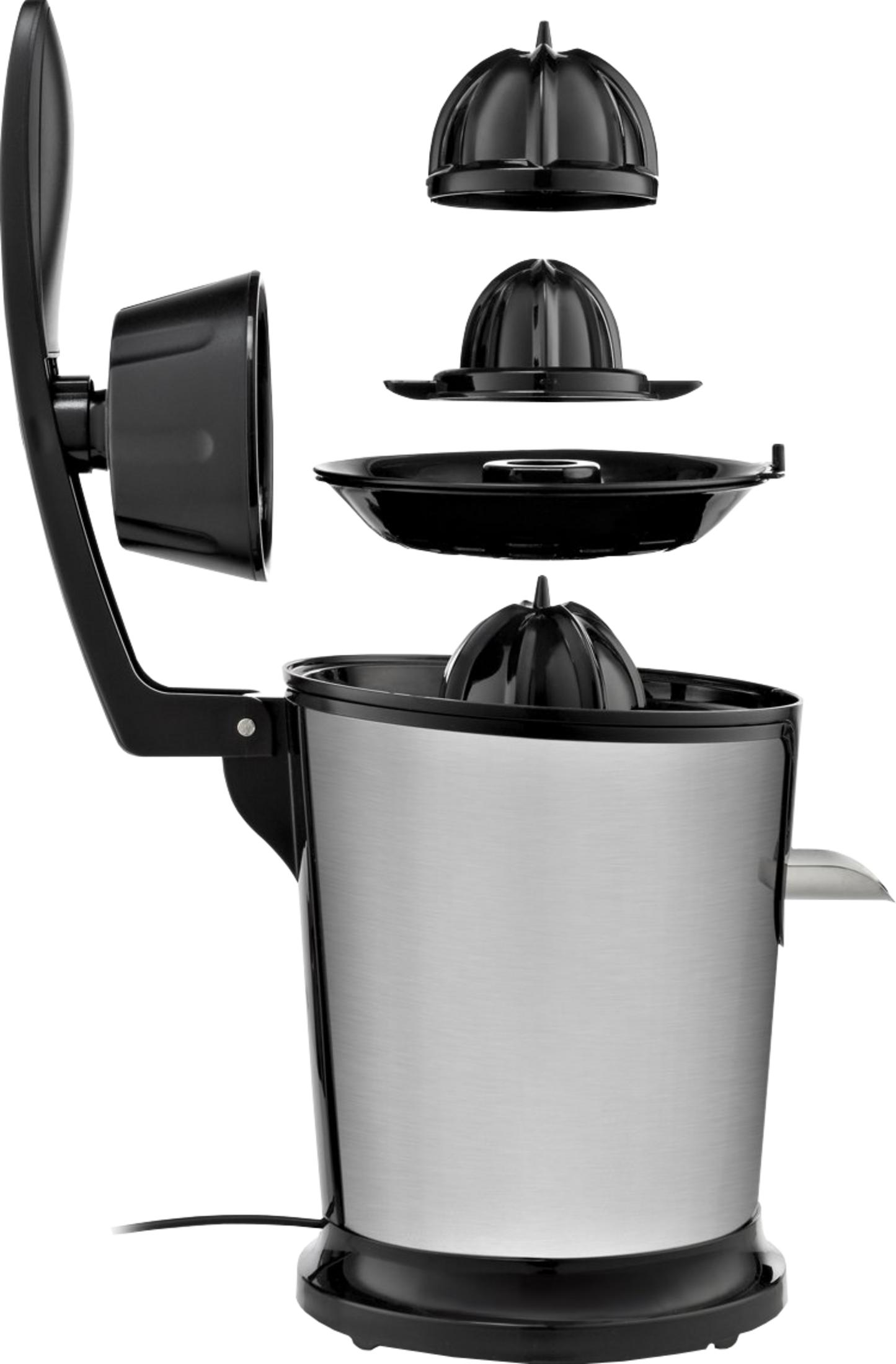 Rozłożona wyciskarka do cytrusów ze srebrną obudową i czarnymi częściami.