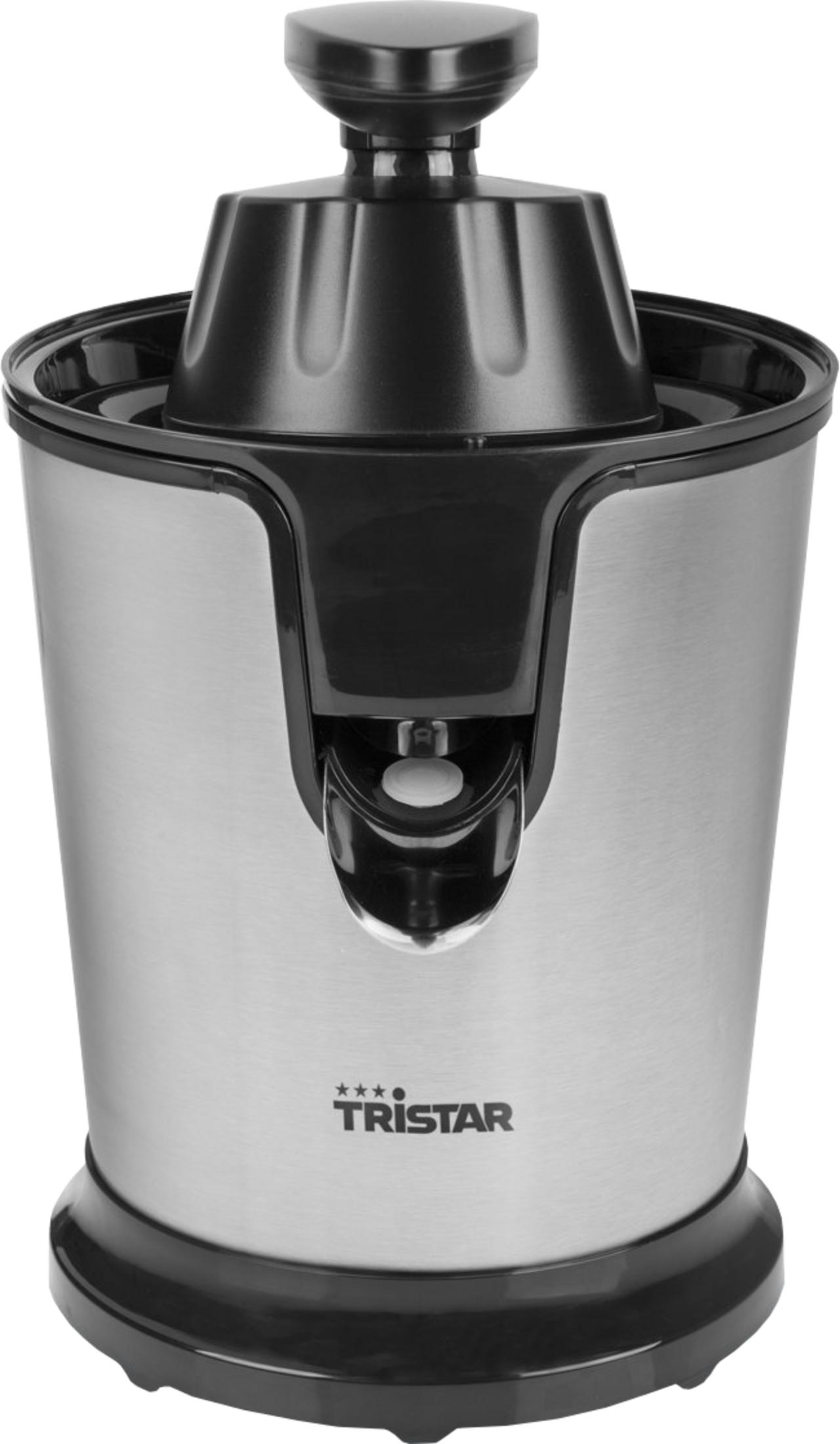 Srebrna wyciskarka do cytrusów z czarną pokrywą i wylewem.