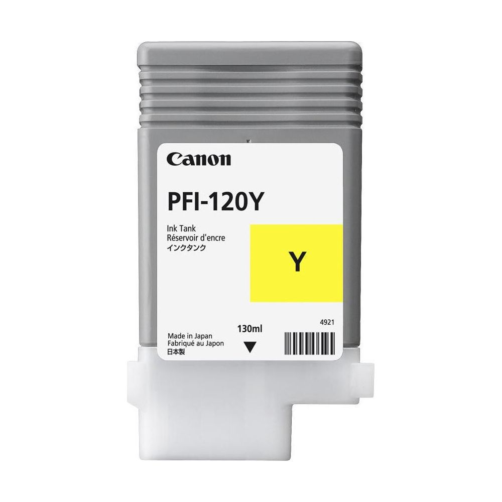 Grijze Canon PFI-120Y inkttank, met een gele 'Y' op het voorlabel.