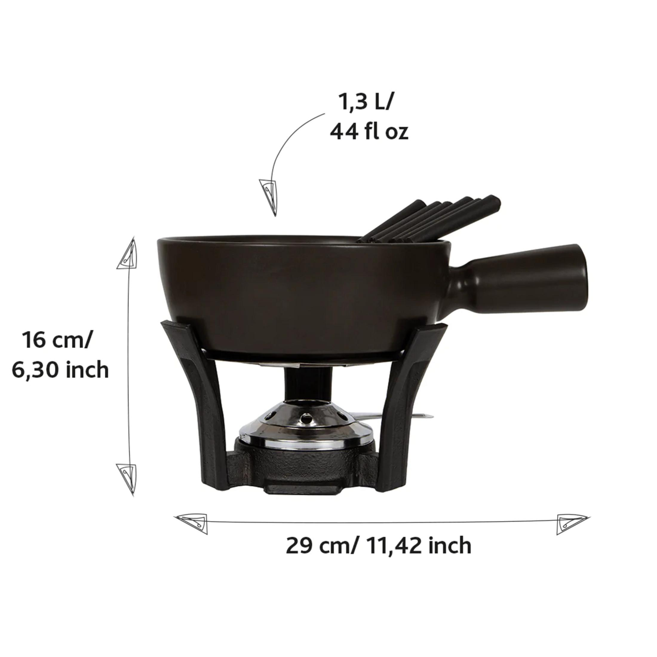 A black fondue set with a stand, burner, and six forks.