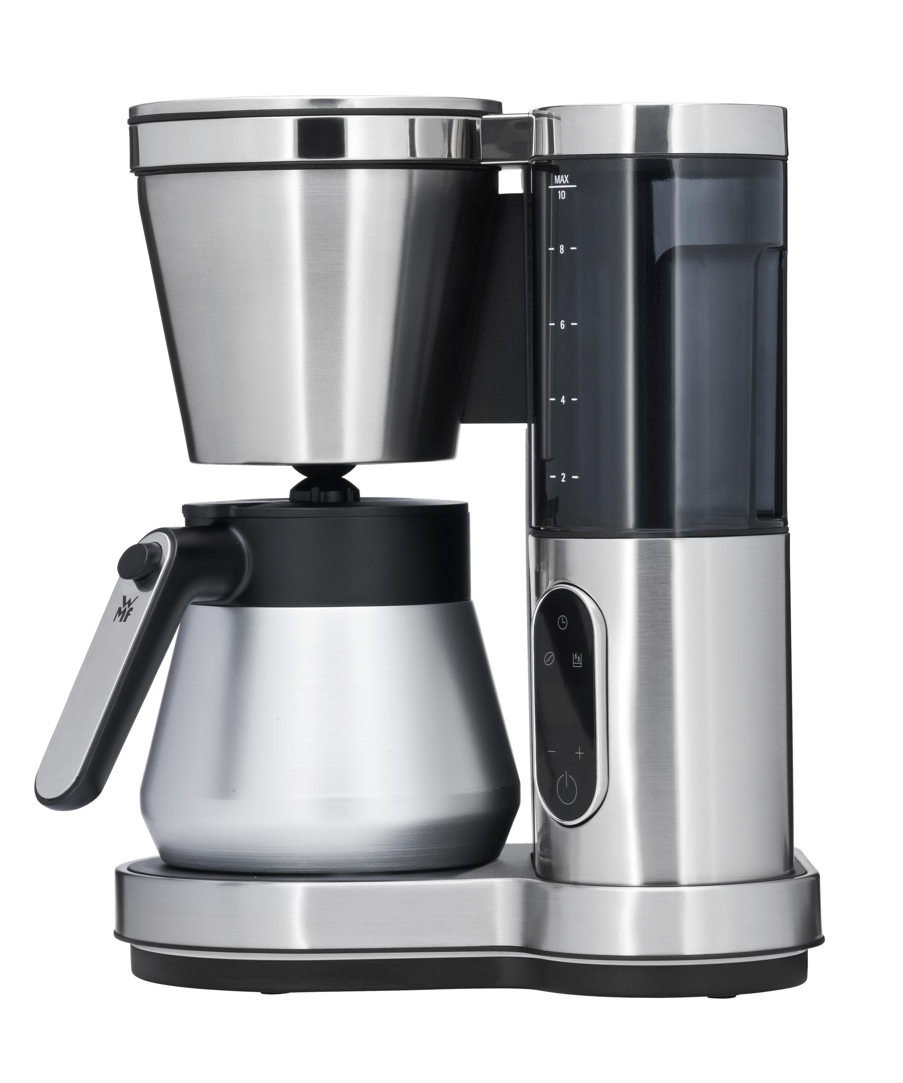 Eine silberne Kaffeemaschine mit schwarzem Wassertank und Bedienfeld.