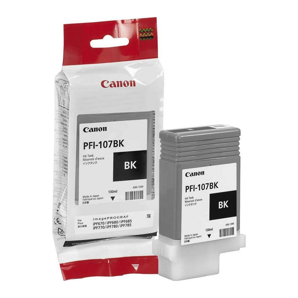 Canon PFI-107BK zwarte inkt. Verpakking en inktcartridge-unit getoond.