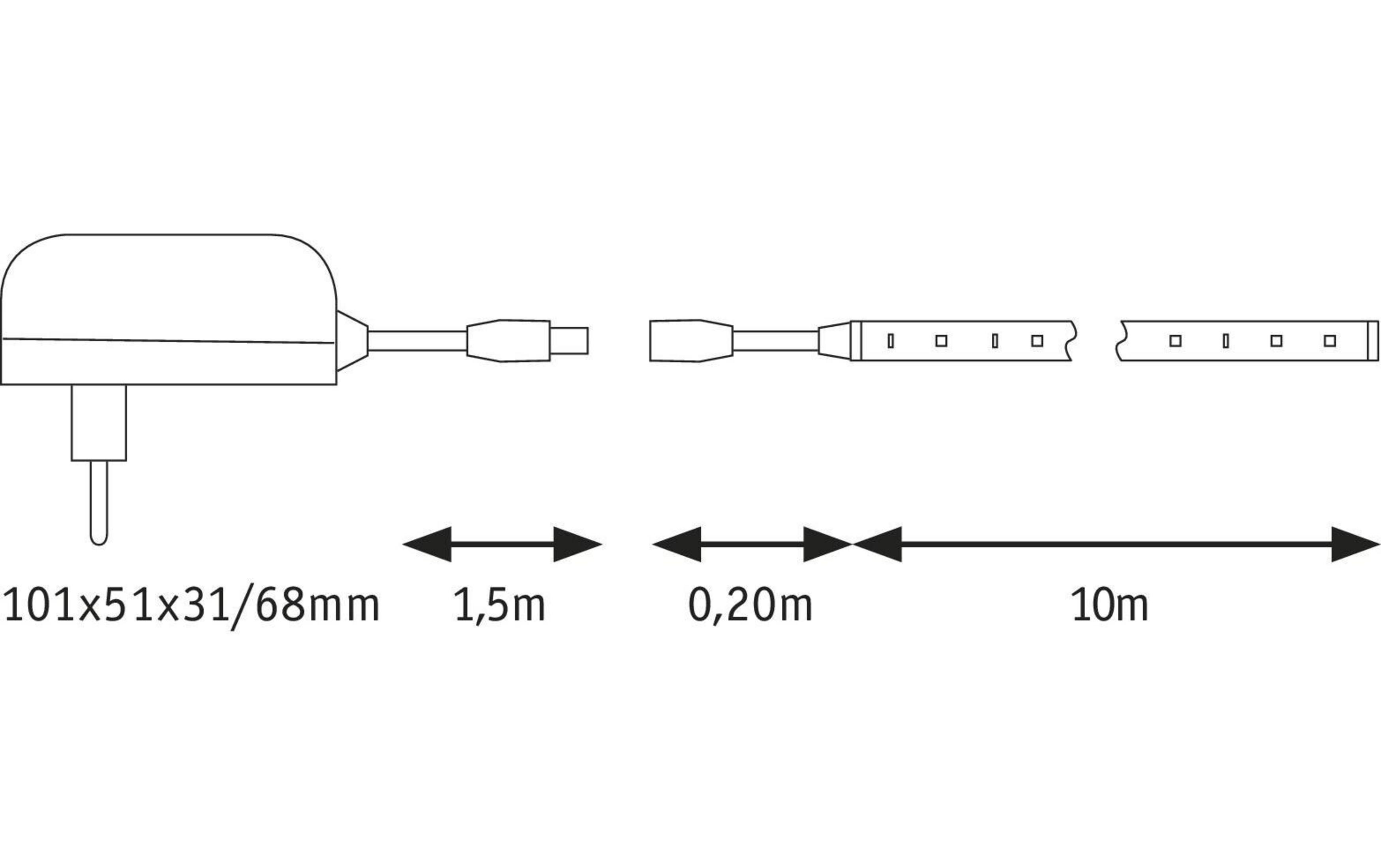 Technische Zeichnung eines Netzteils mit 1,5m Kabel und 10m LED-Streifen.