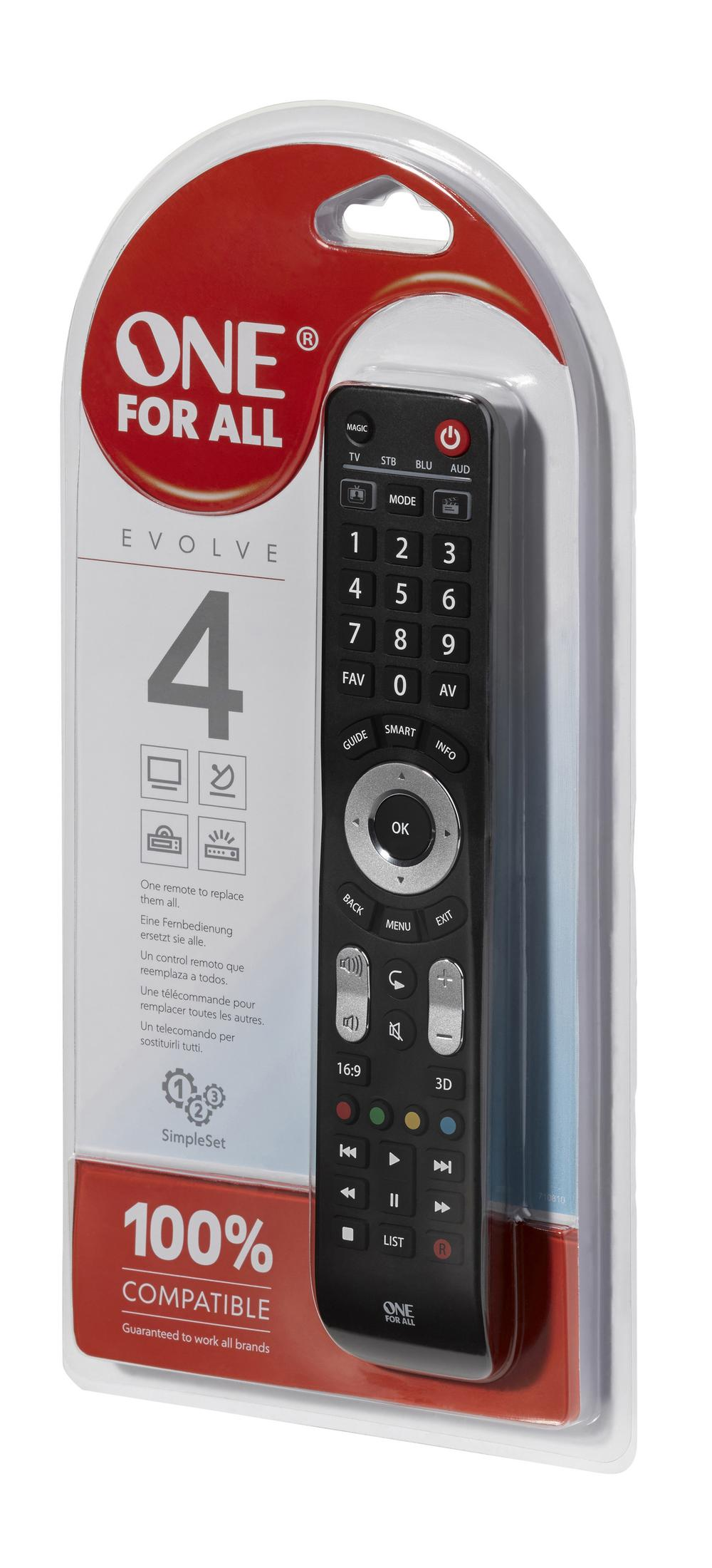 Packaged "ONE FOR ALL" universal remote control with "EVOLVE 4" branding.