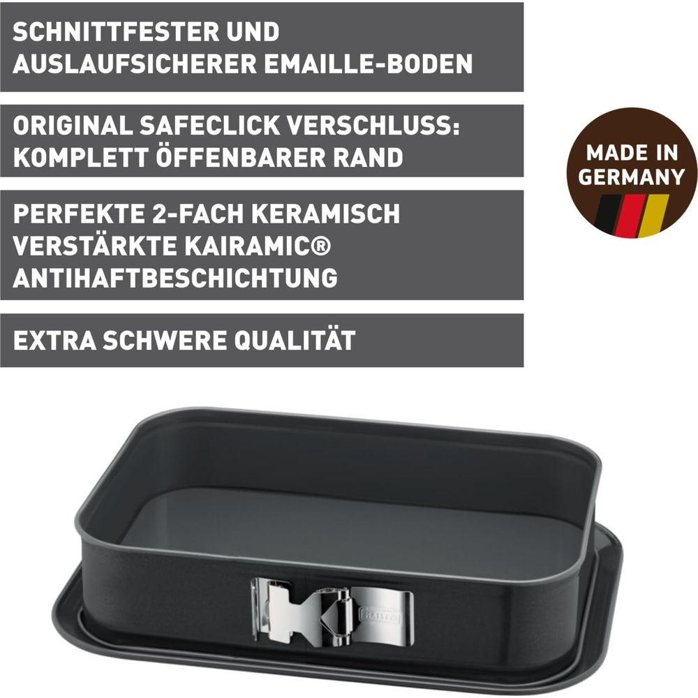 Ein rechteckiger Springformkuchen mit "Made in Germany"-Aufdruck.