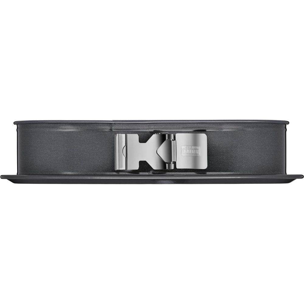 Graue Springform mit silbernem Verschluss und "K"-Logo.
