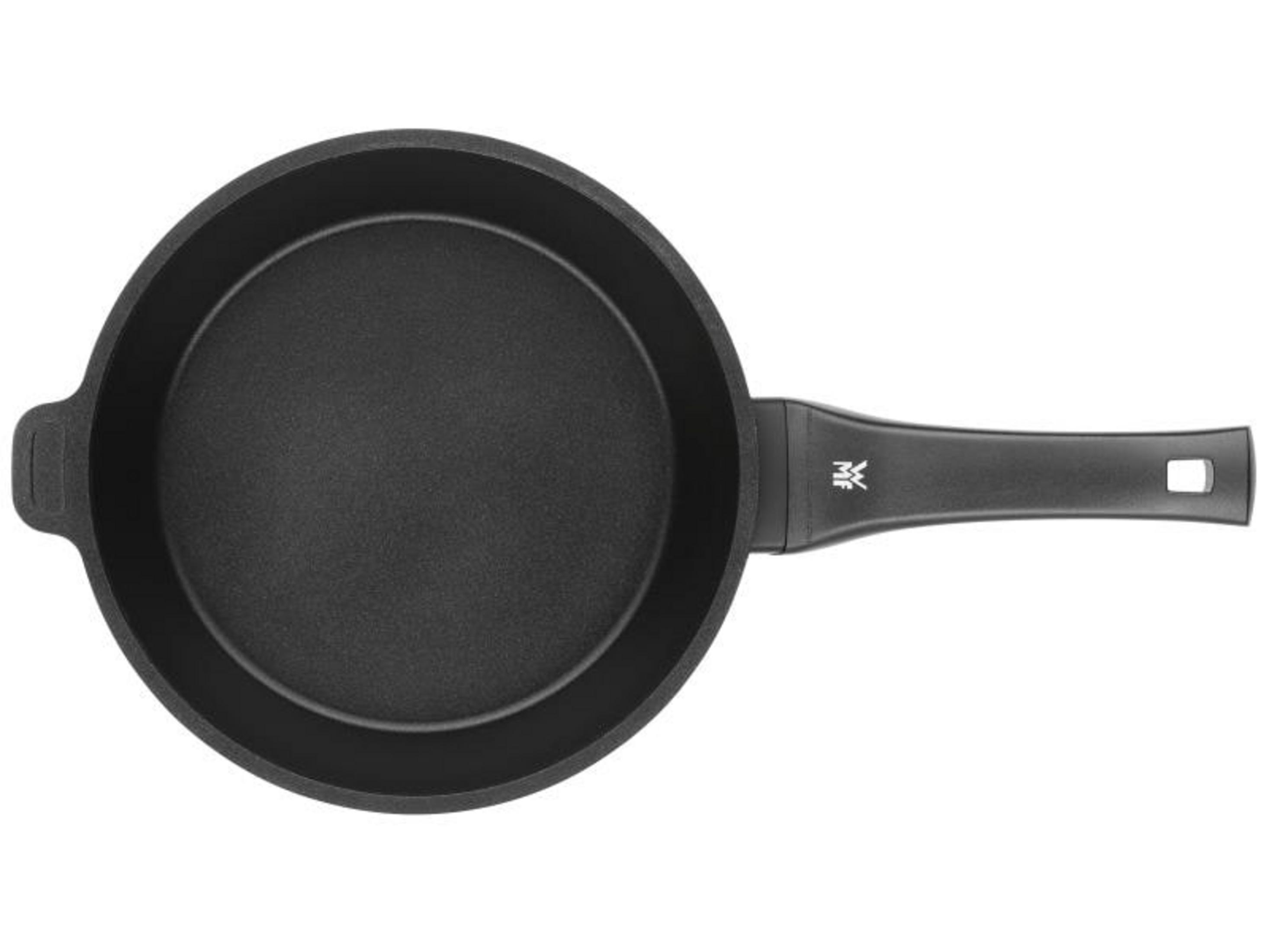 Schwarze Bratpfanne mit langem Griff und einem zusätzlichen Griff an der gegenüberliegenden Seite.