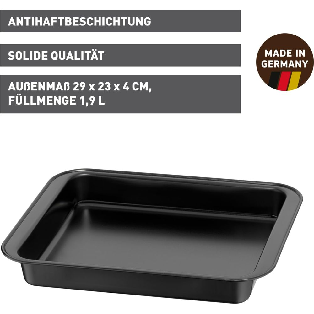Plat noir antiadhésif, 29x23x4 cm, capacité 1,9 L. Fabriqué en Allemagne.
