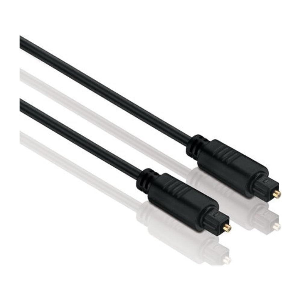 Zwei schwarze optische Audiokabel mit goldenen Anschlüssen auf weißem Hintergrund.