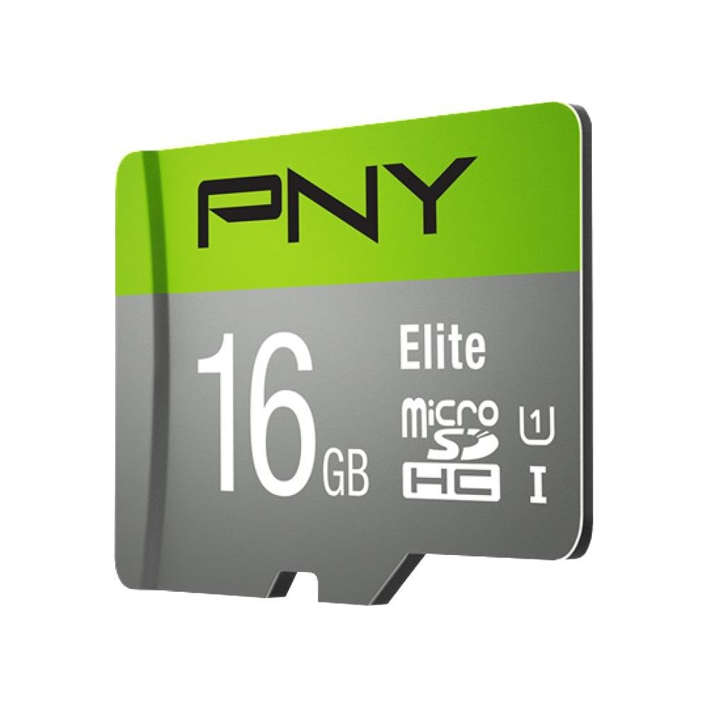 Tarjeta de memoria PNY 16GB Elite MicroSDHC con parte superior verde y gris.