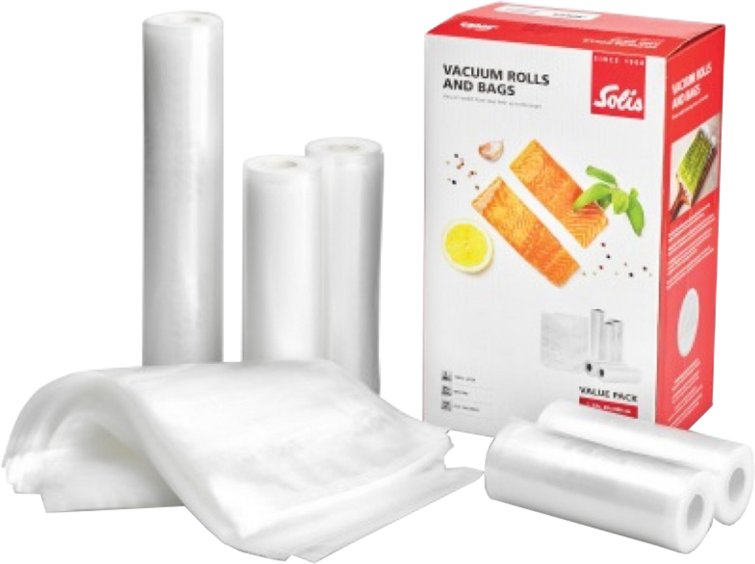 Vakuumrollen und -beutel von Solis, mit zwei Lachsfilets auf der Verpackung.