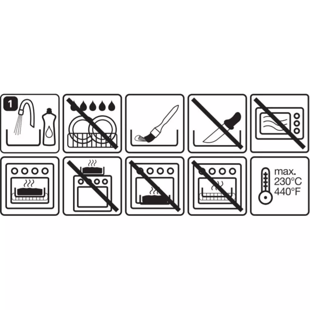 Ikony do prania ręcznego, zakaz zmywarki, szczotkowania, noża, mikrofalówki, piekarnika, grilla, termometru.