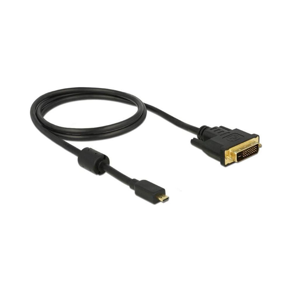 Een zwarte kabel met DVI- en mini-USB-aansluitingen op witte achtergrond.