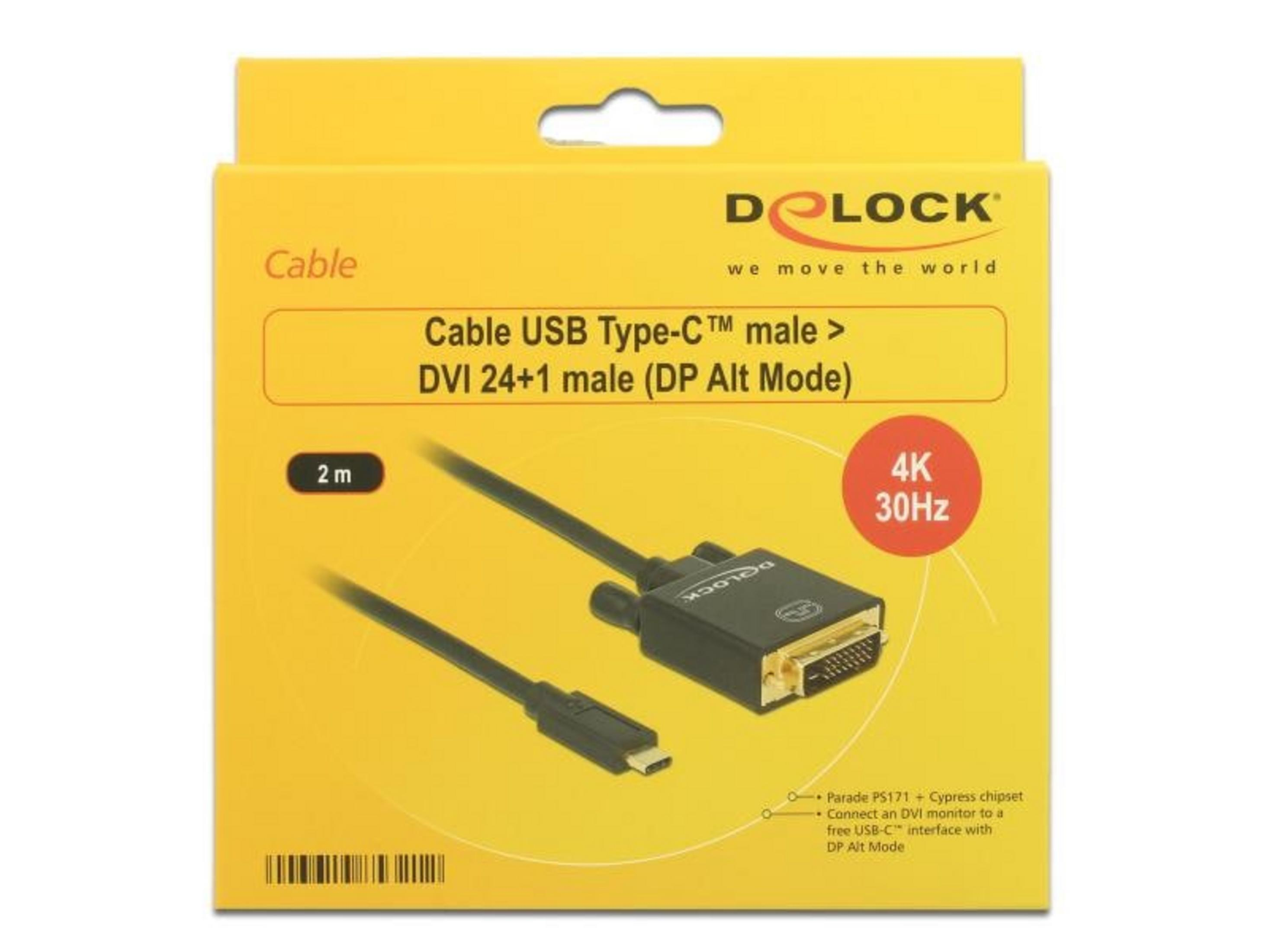 Ein 2m USB-C zu DVI Kabel mit 4K 30Hz Unterstützung von DeLOCK.