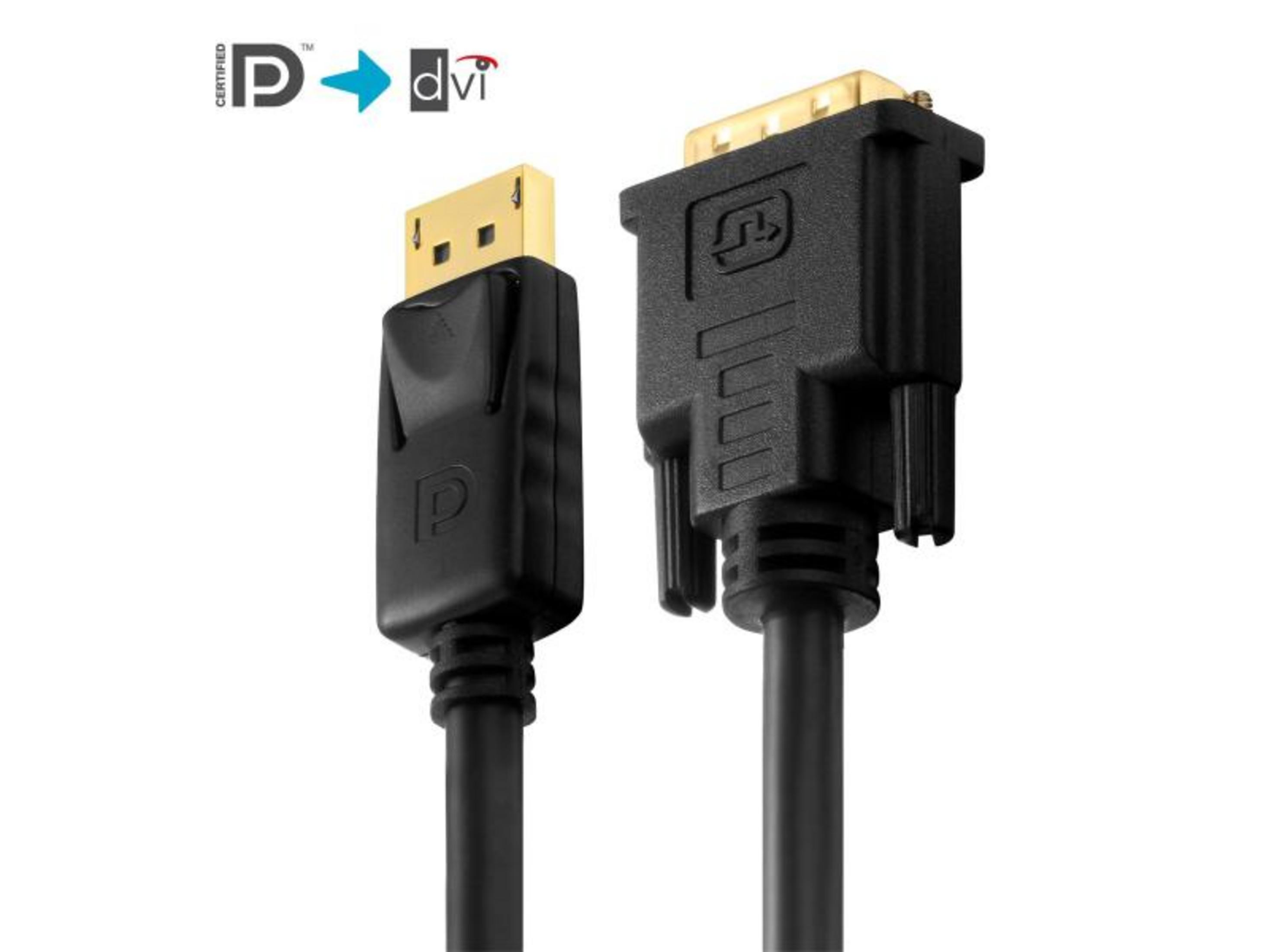 Kabel adaptera DisplayPort na DVI z czarnymi złączami i złotymi stykami.