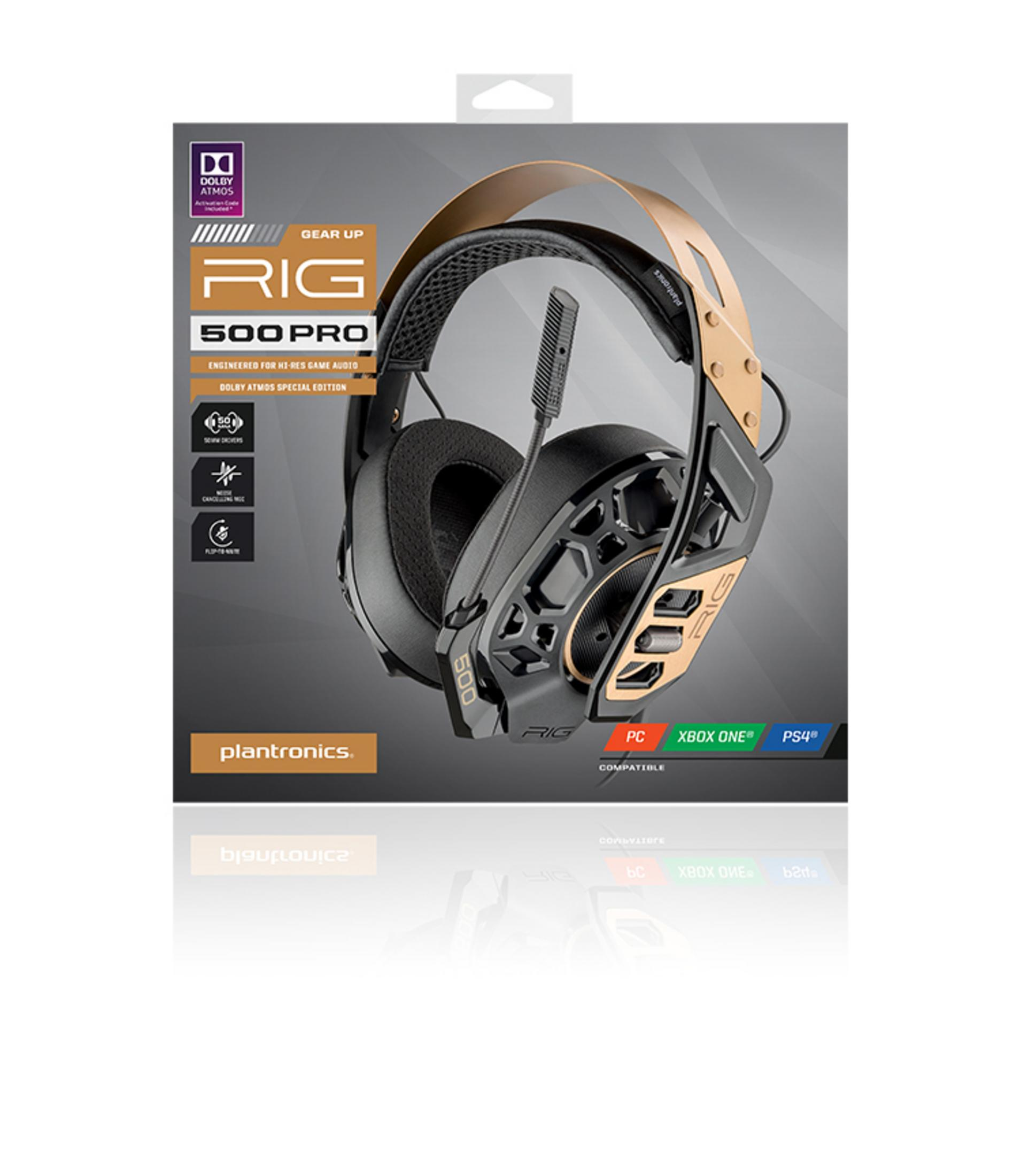 Czarne i złote słuchawki gamingowe Plantronics RIG 500 PRO z mikrofonem.