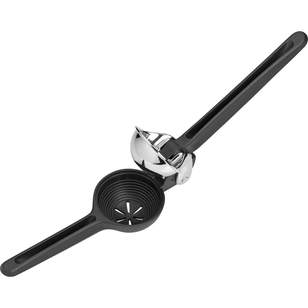 Ein schwarzer Zitruspresse-Öffner mit polierten Metallteilen.
