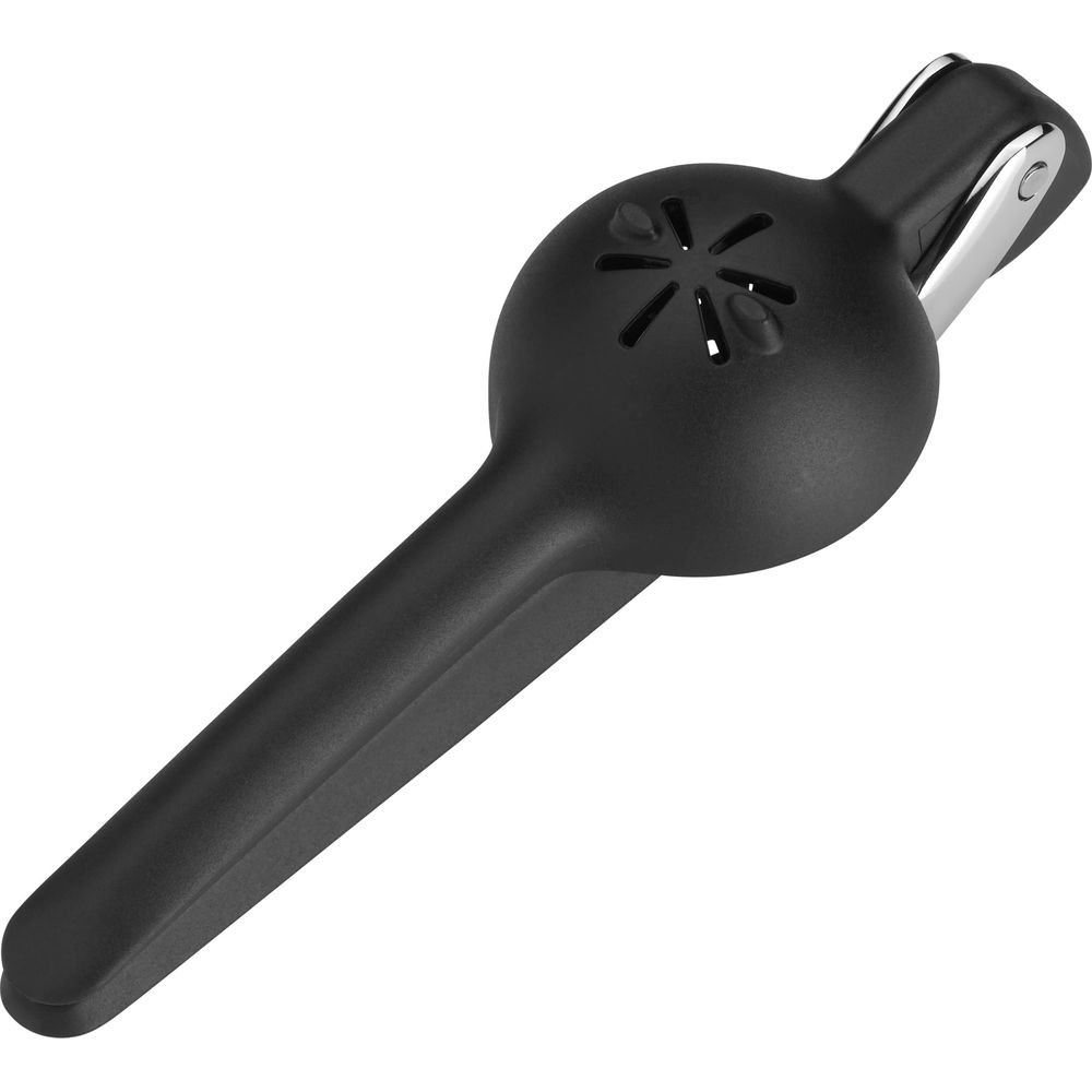 Schwarzer Zitronenpresser mit Metallgriff und Lüftungsschlitzen.