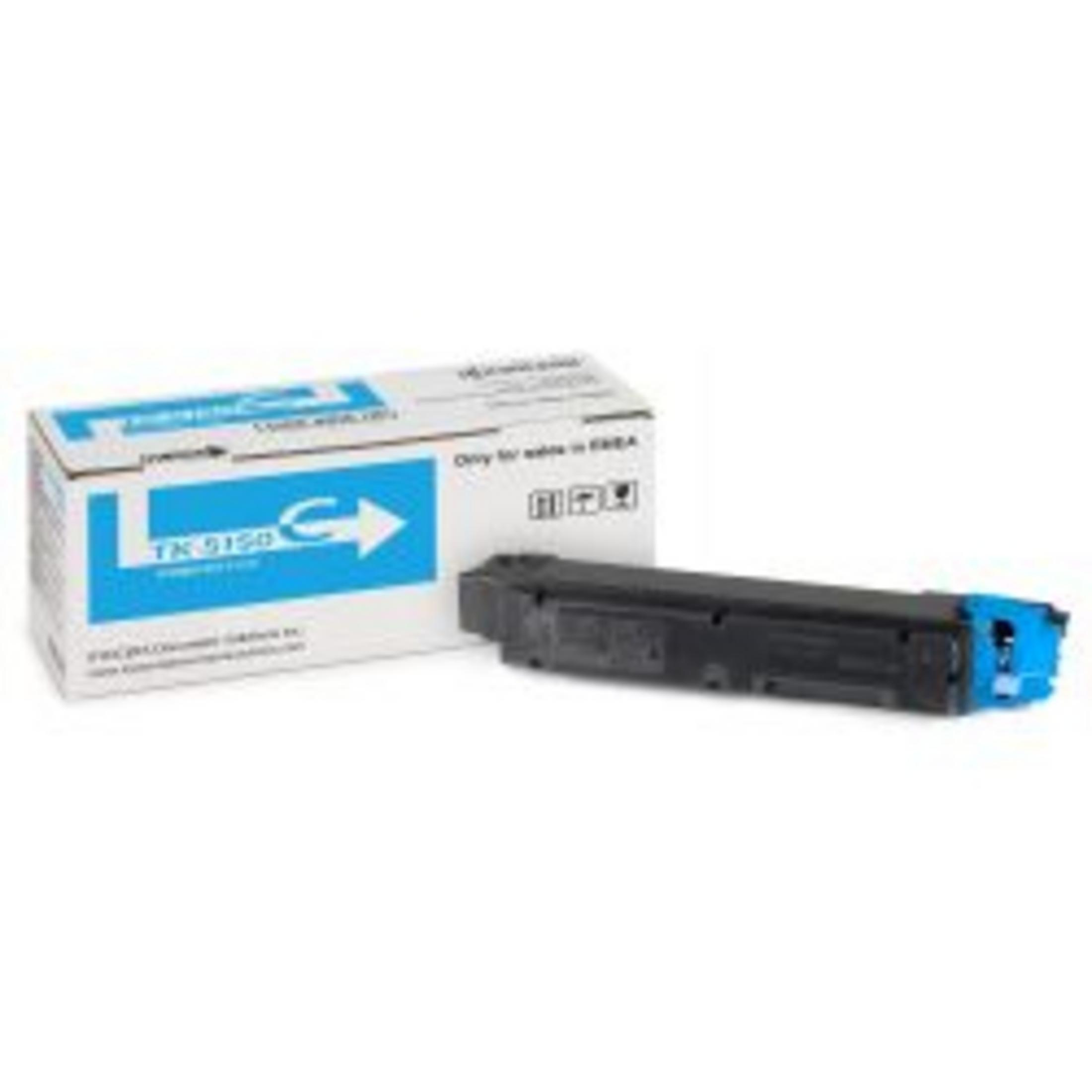 Een zwarte toner cartridge met blauwe dop ligt naast een doos.
