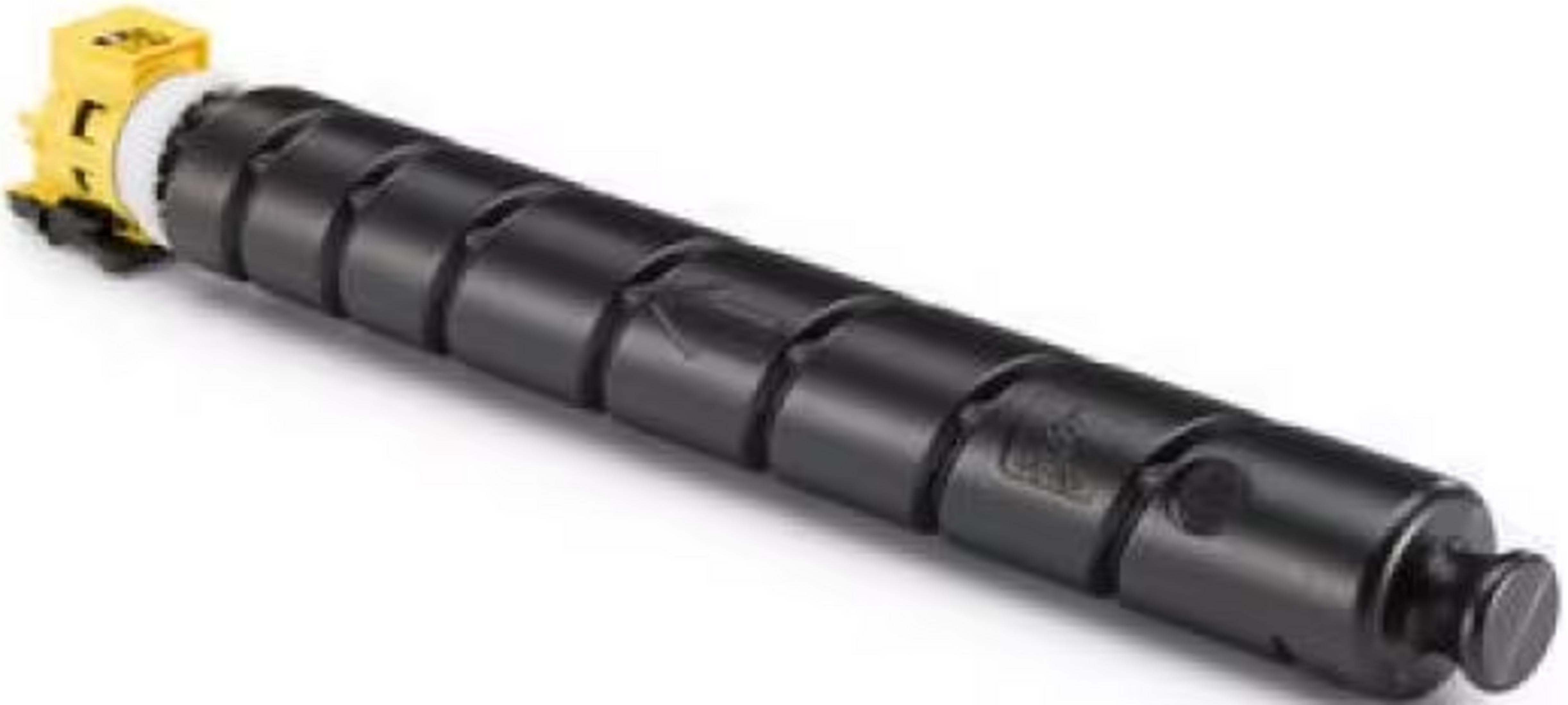 Czarny wkład tonera z żółtym elementem przyłączeniowym na białym tle.