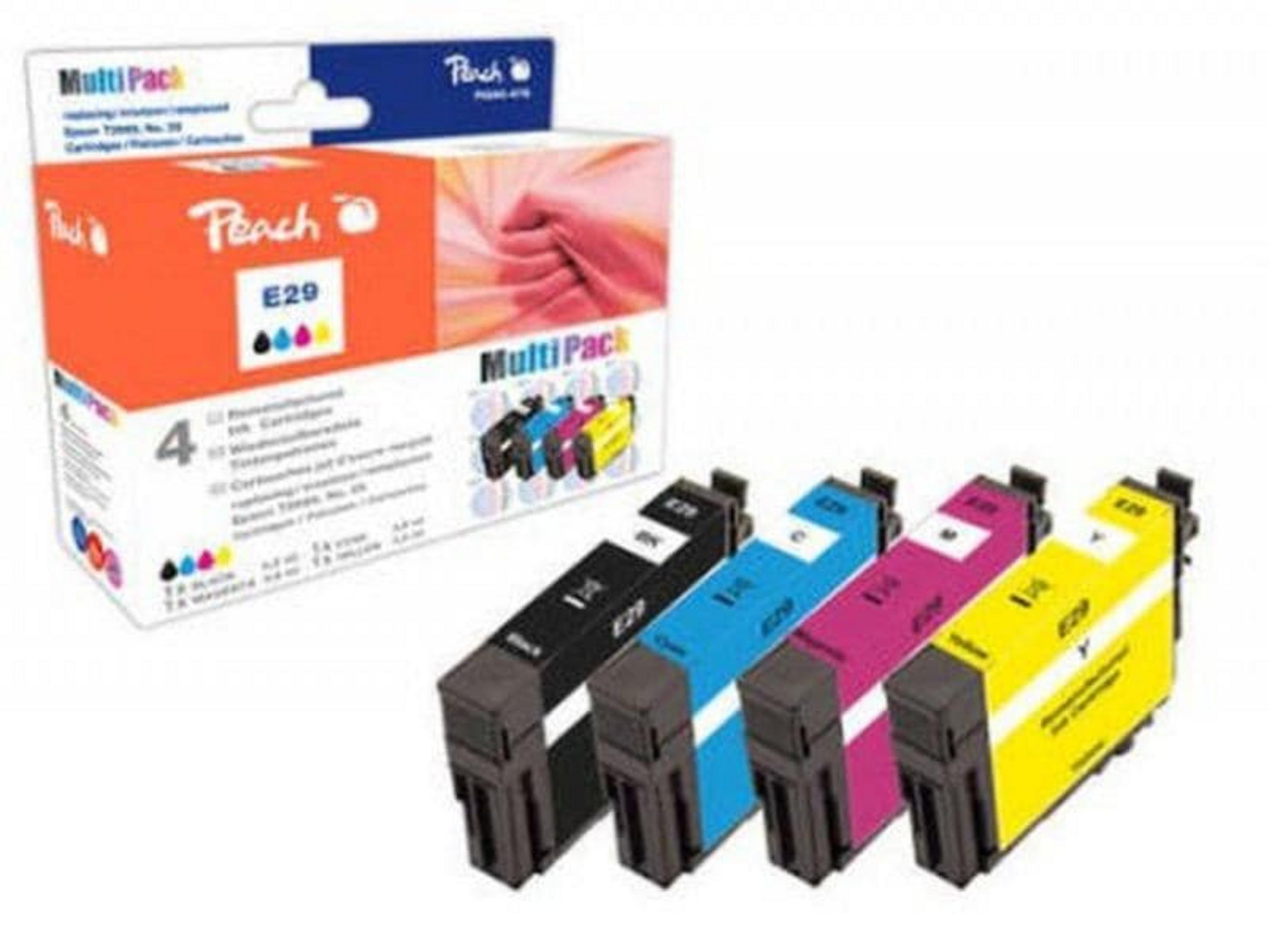 Peach E29 inktcartridges: zwart, blauw, magenta en geel naast elkaar.