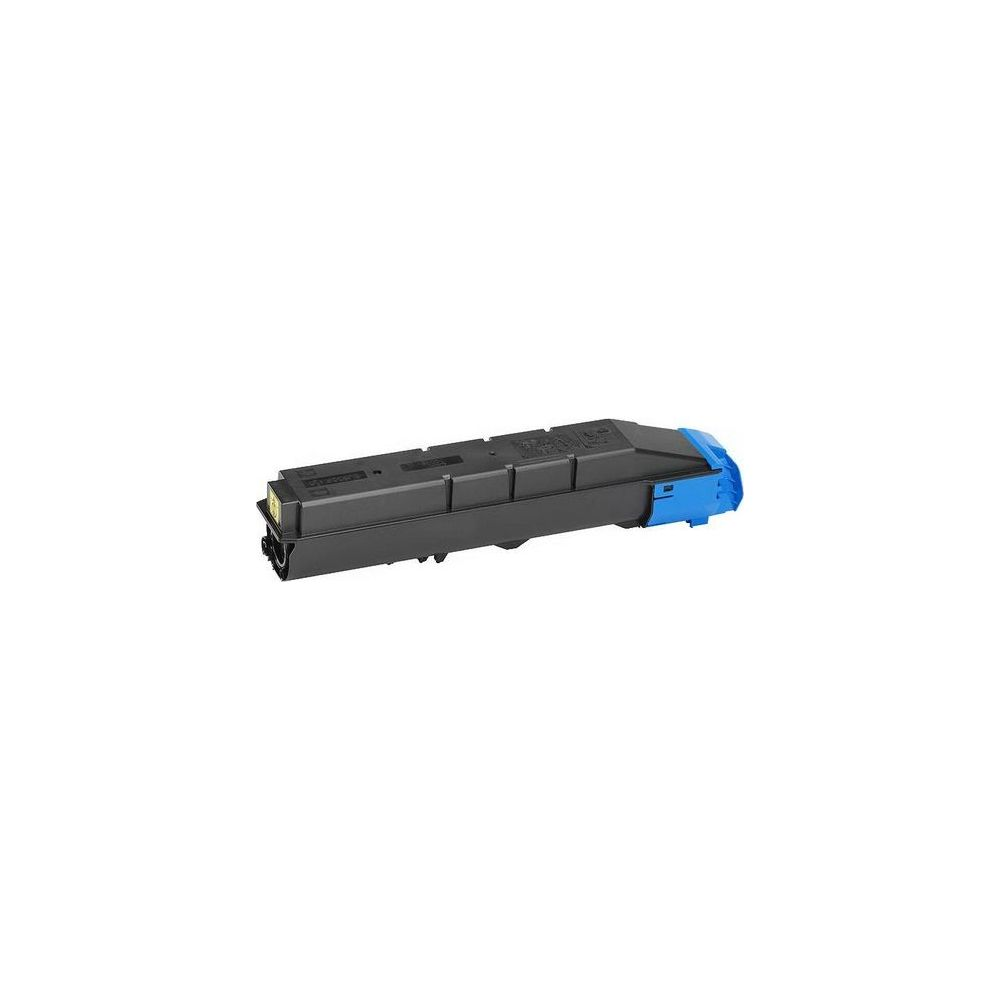 Een zwarte toner cartridge met blauw uiteinde.