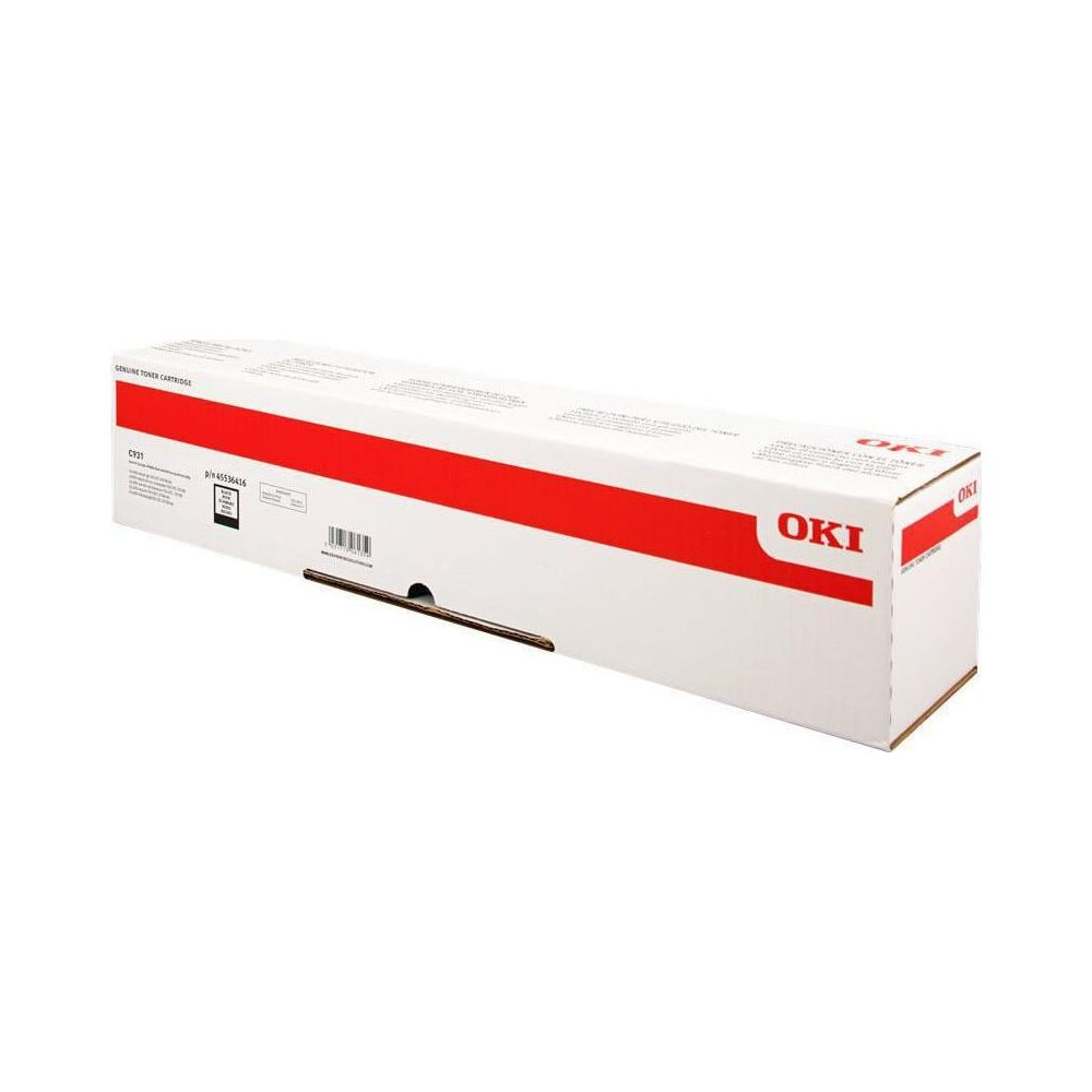 Białe pudełko na toner OKI z czerwonym paskiem i logo.