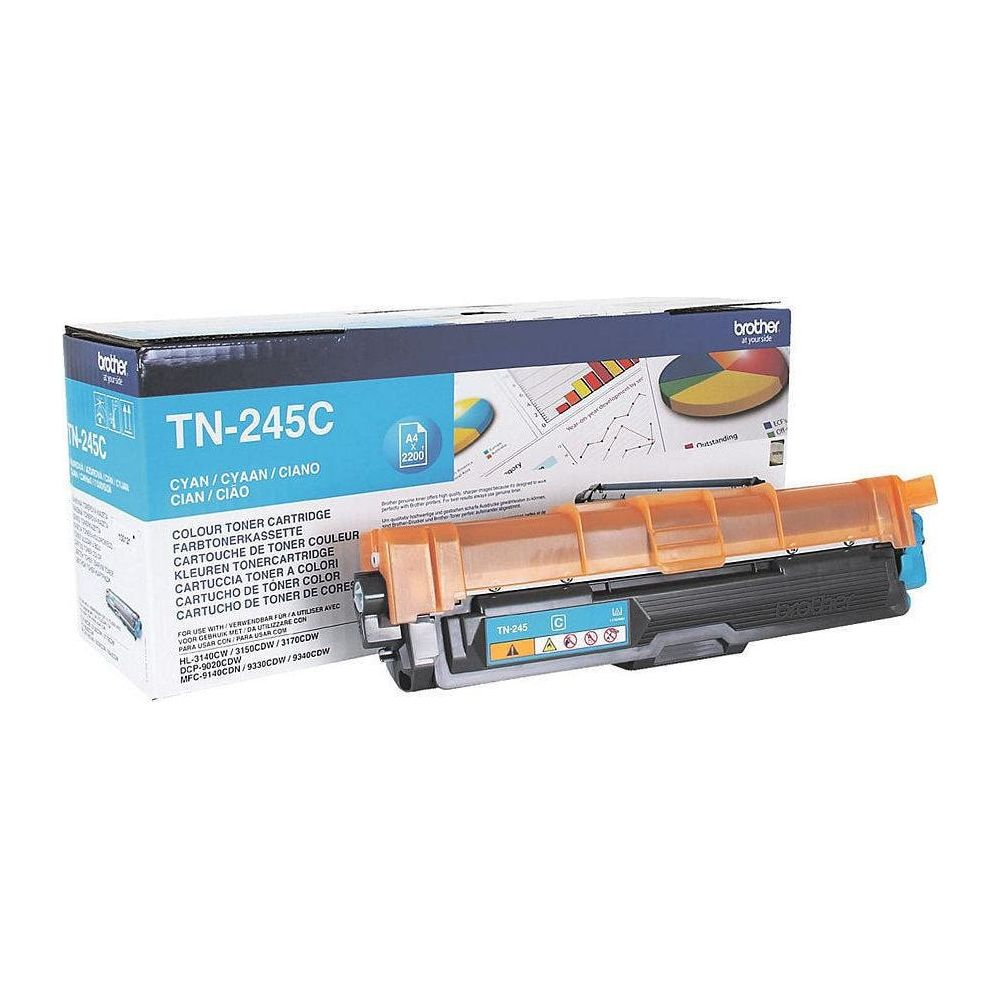 Eine cyanfarbene Brother TN-245C Tonerkartusche mit orangefarbenem Griff und Verpackung.