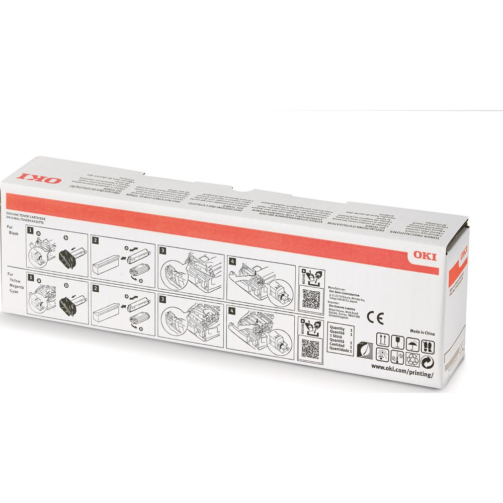 Siyah ve renkli kurulum talimatlı OKI toner kutusu.