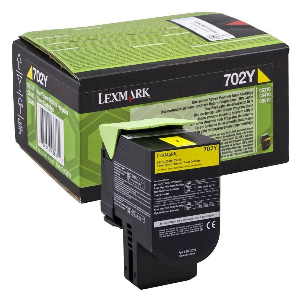 Lexmark 702Y gele tonercartridge in verpakking voor CS310/410/510 printers.