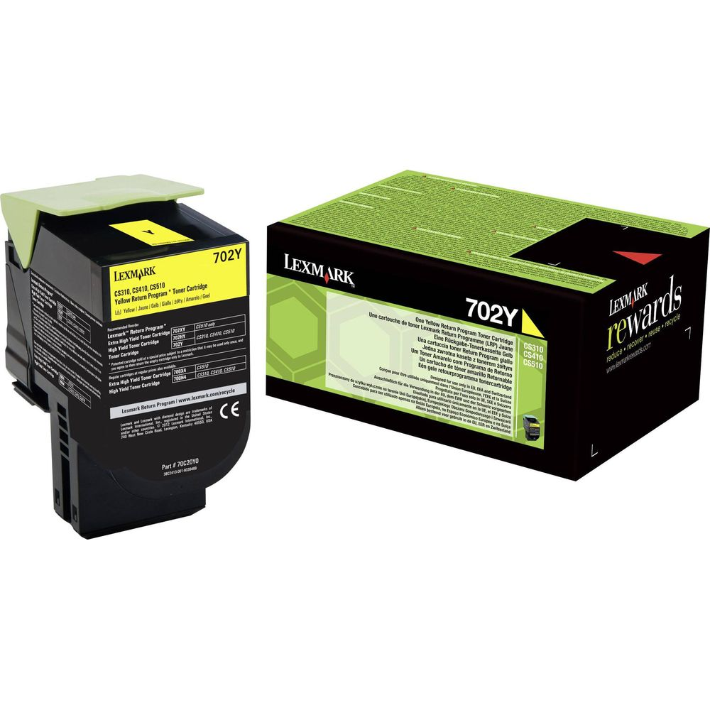 Een gele Lexmark 702Y toner cartridge en de doos.