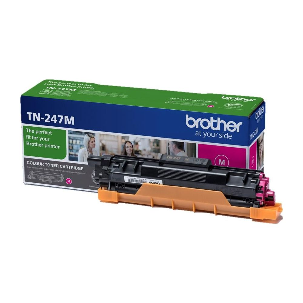 Cartouche de toner Brother TN-247M magenta en boîte. Vue de face.