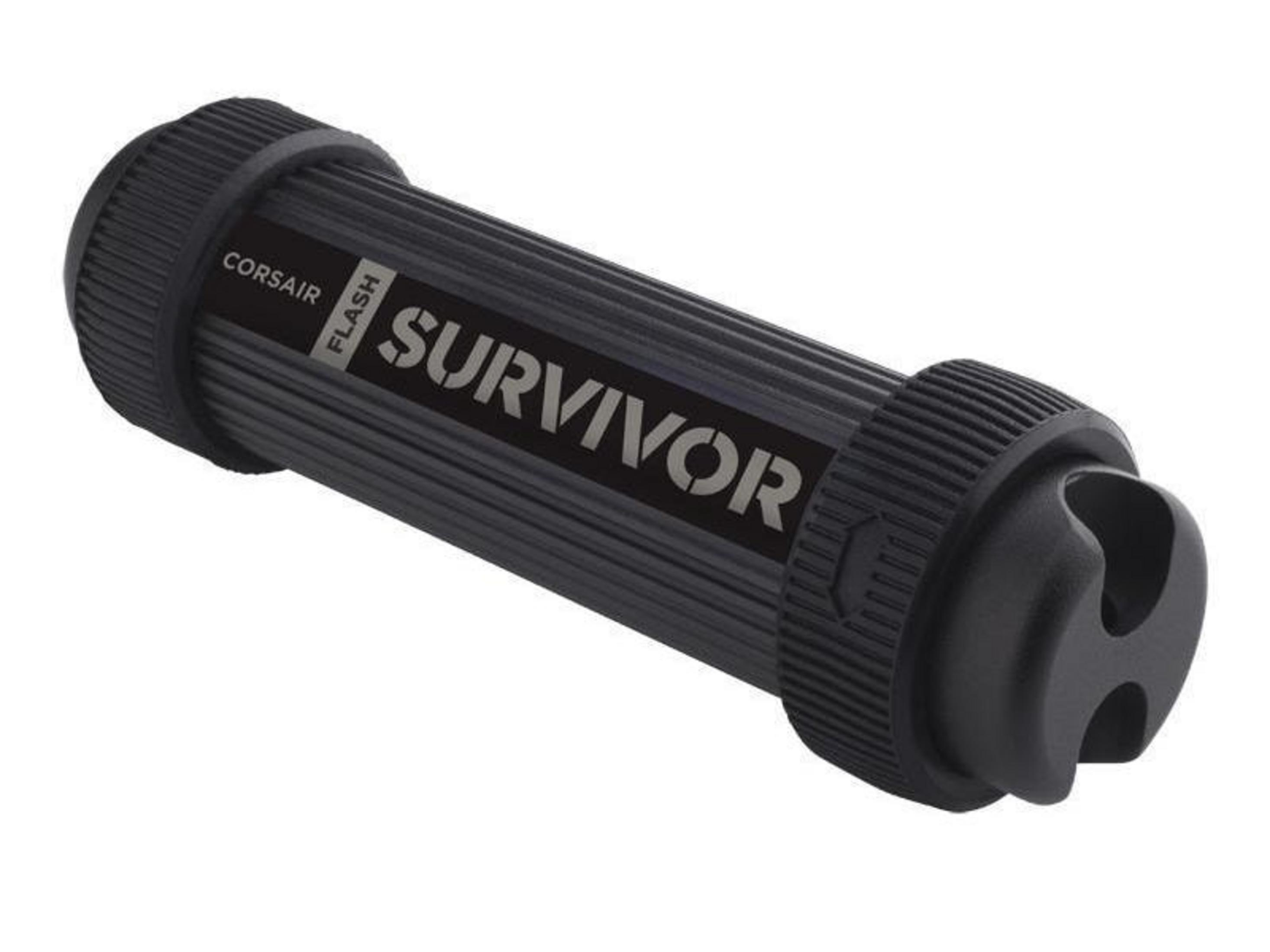 Czarny pendrive Corsair Survivor z prążkowaną fakturą i pętlą na smycz.