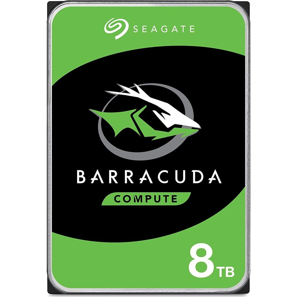 Dysk twardy Seagate Barracuda 8TB z logo białej i zielonej ryby.
