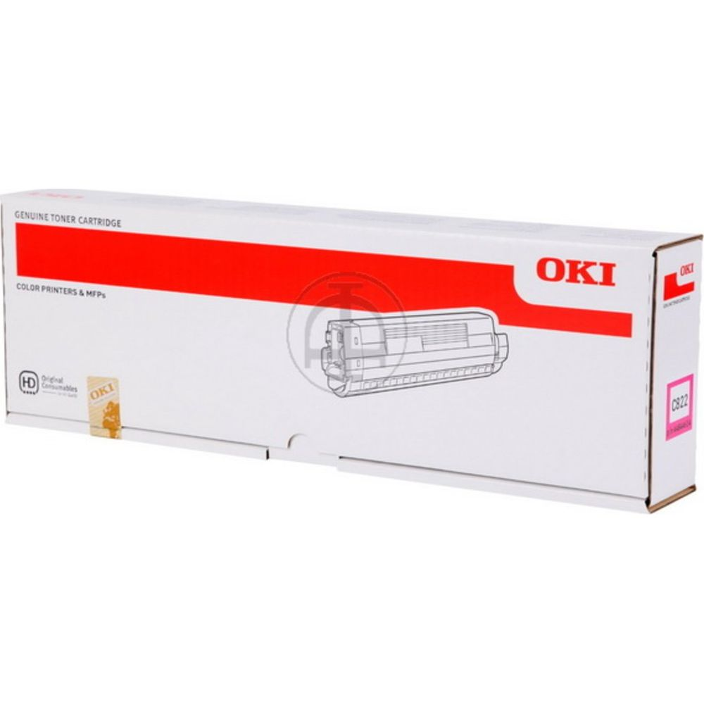 Een witte OKI tonercartridge doos met rode streep en afbeelding van cartridge.