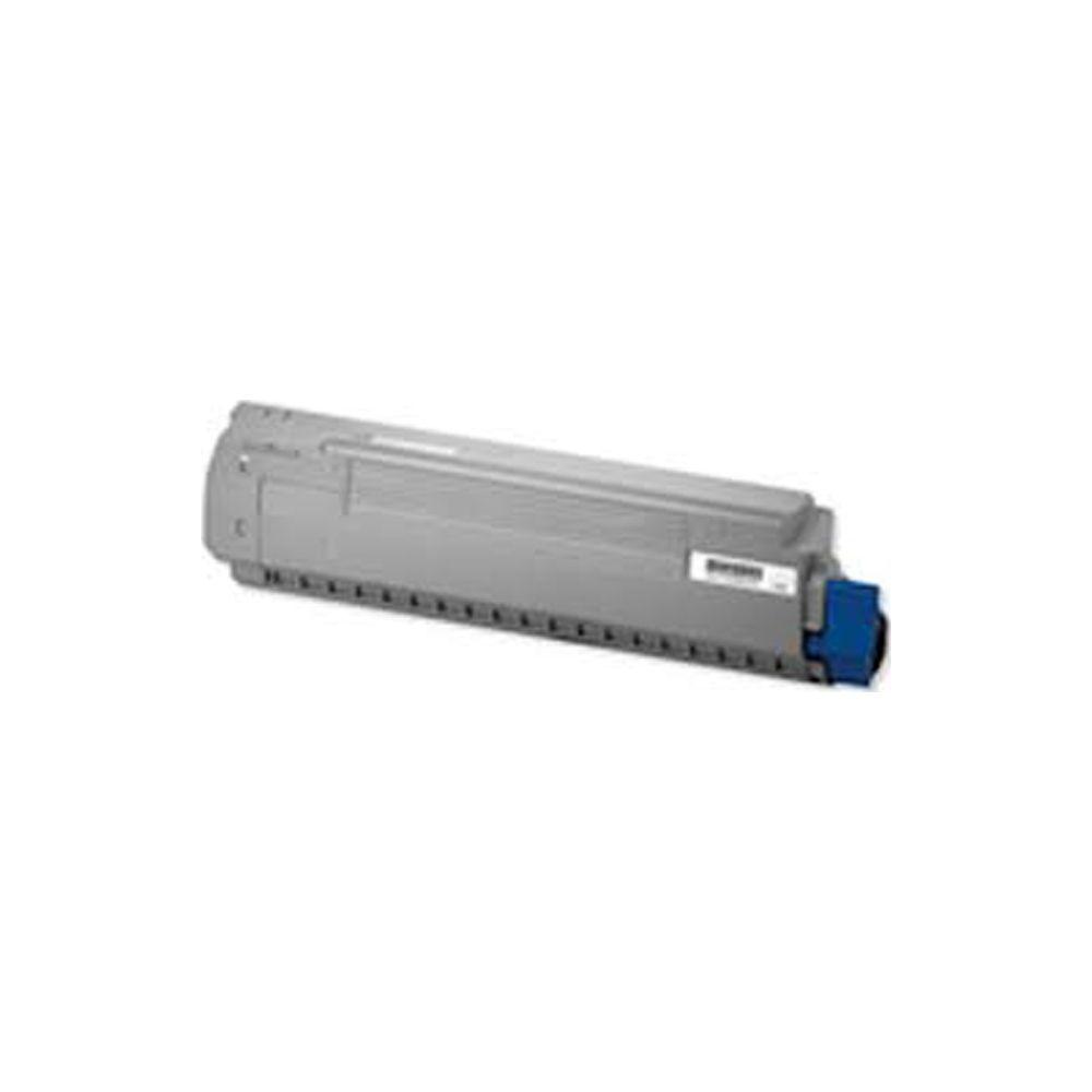 Grijze tonercartridge met blauw deel, geïsoleerd op witte achtergrond.
