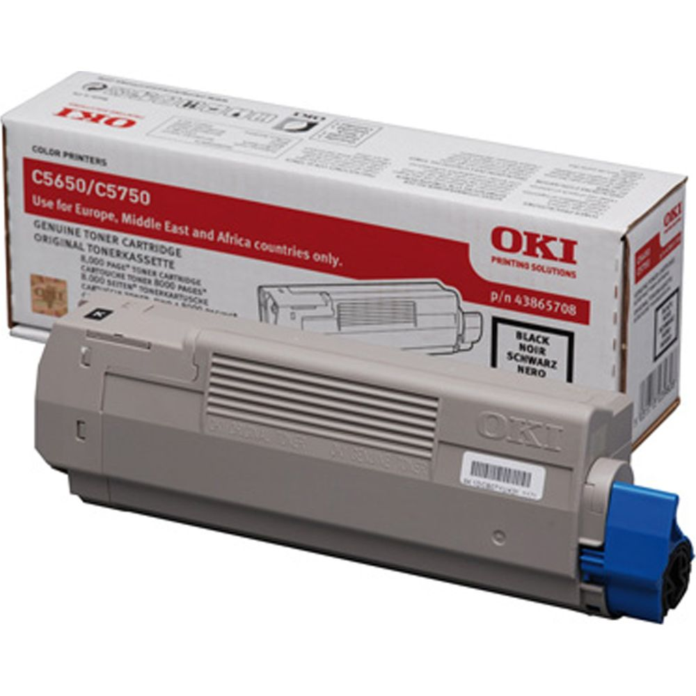Toner OKI grigio per stampanti C5650/C5750 con connettore blu e scatola.