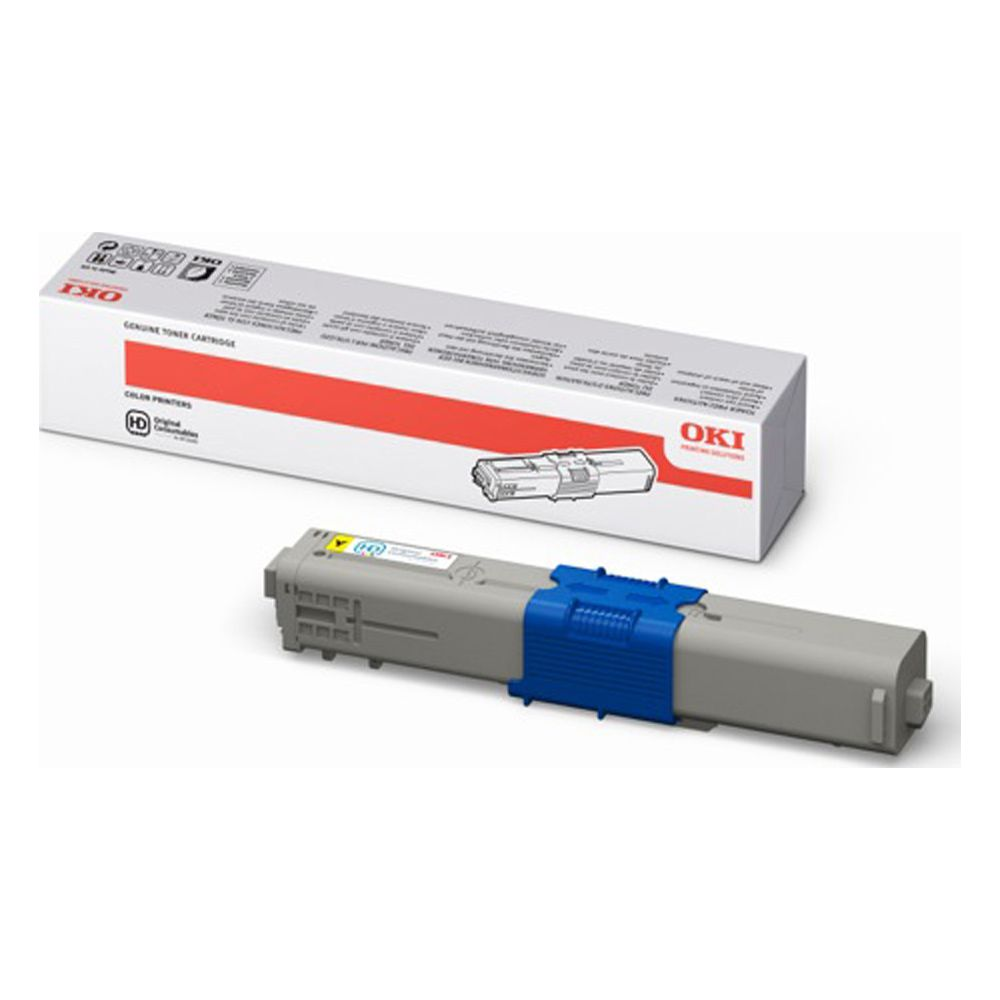 Szary toner OKI z niebieską nakrętką i pudełkiem.