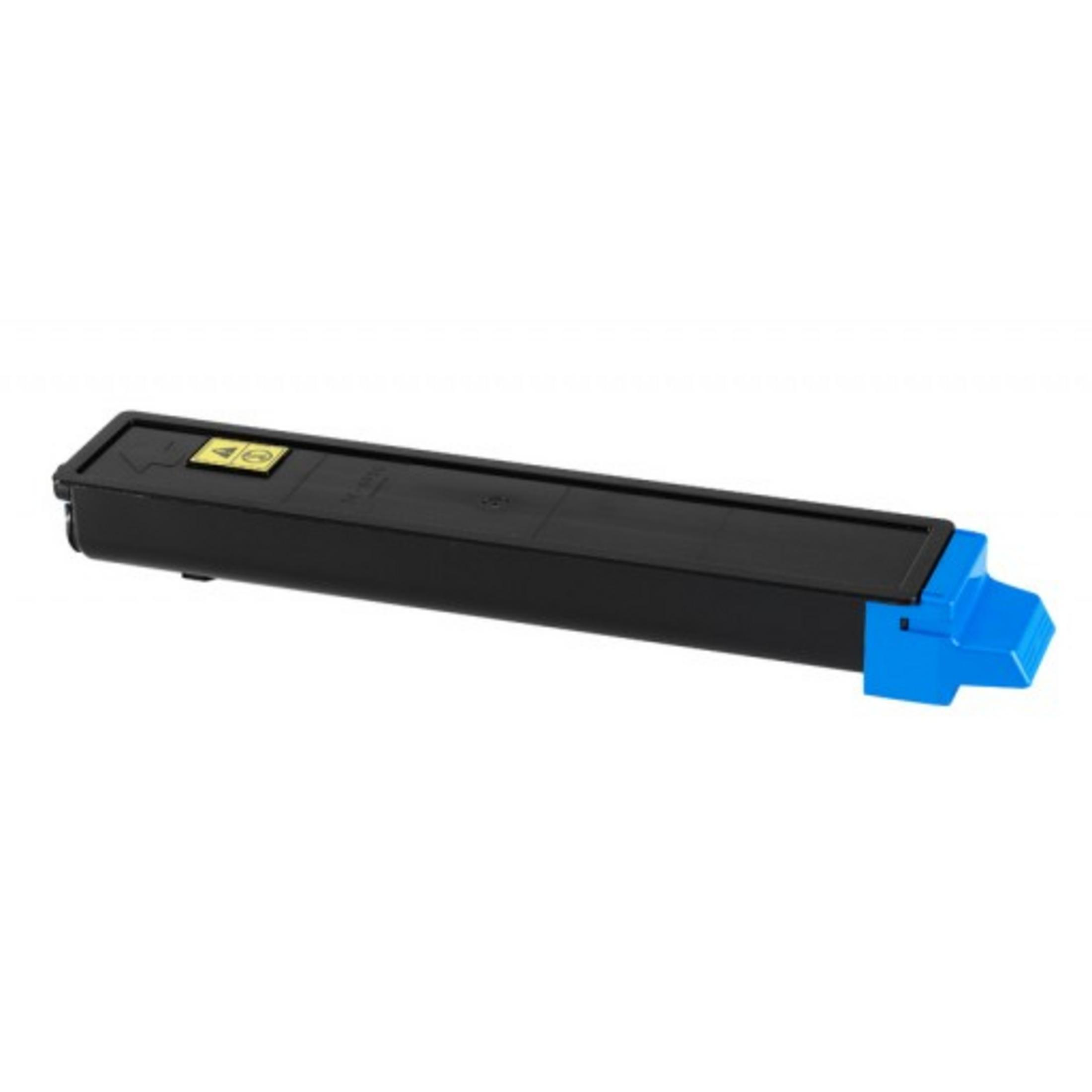 Cartouche de toner noire avec extrémité bleue et symbole d'avertissement jaune.