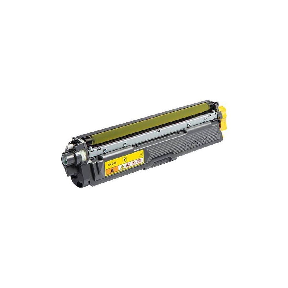 Ein gelber Brother TN-245 Tonerkartusche mit sichtbaren Warnsymbolen.